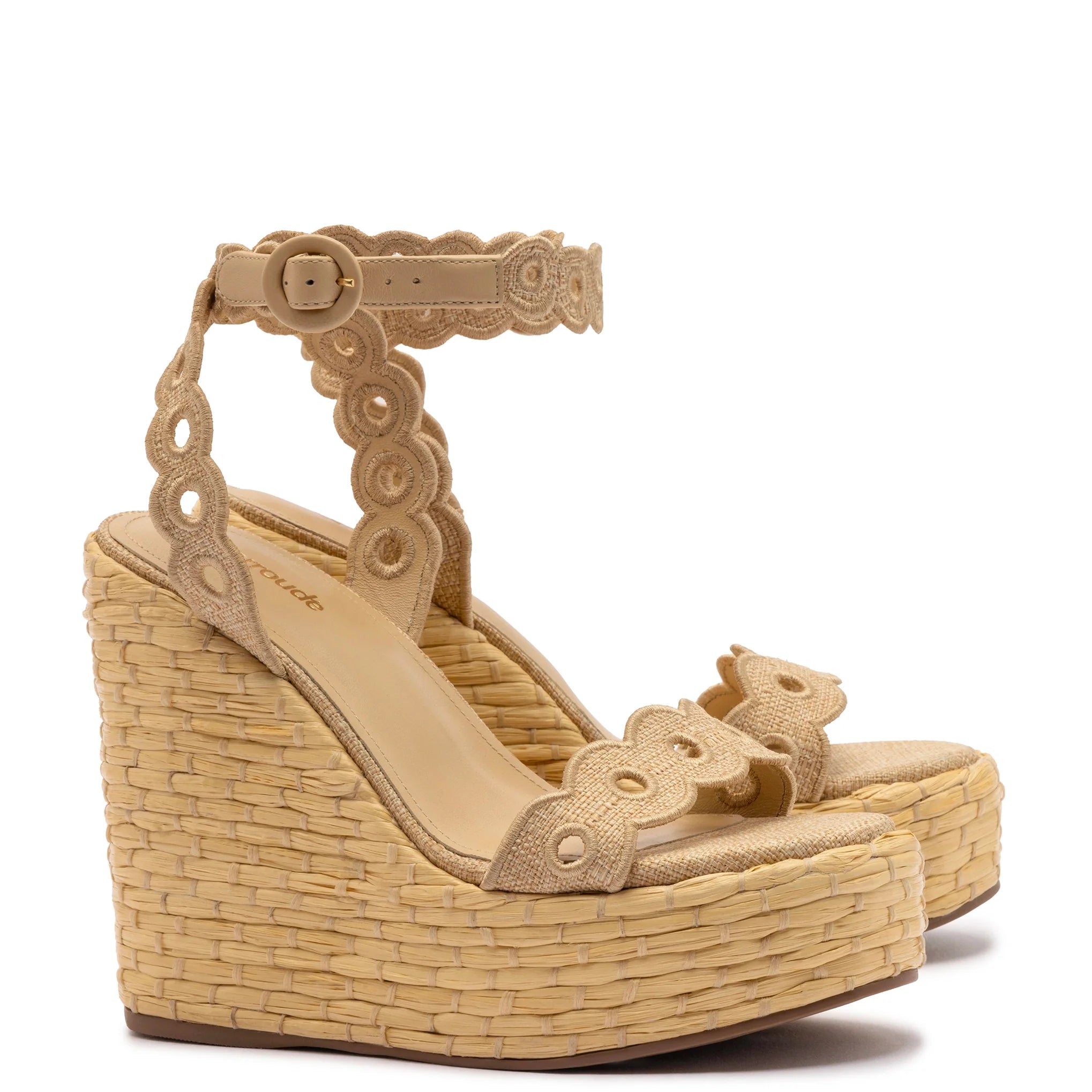 Florence Broderie Wedge In Beige Raffia by Larroudé