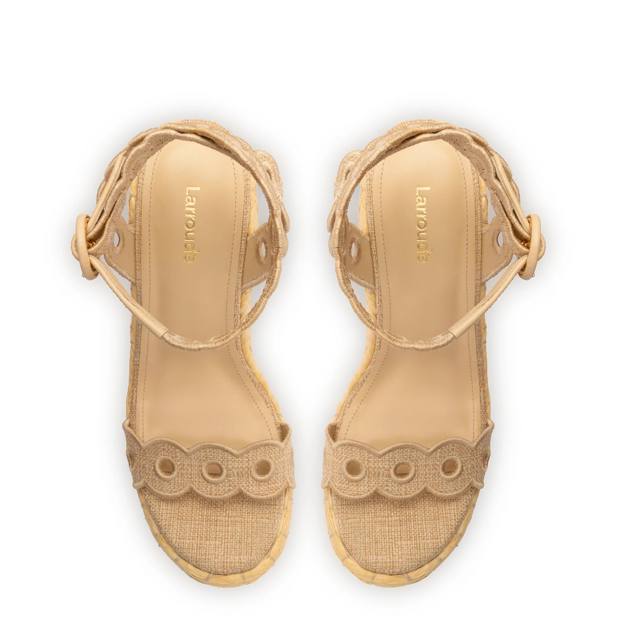 Florence Broderie Wedge In Beige Raffia by Larroudé