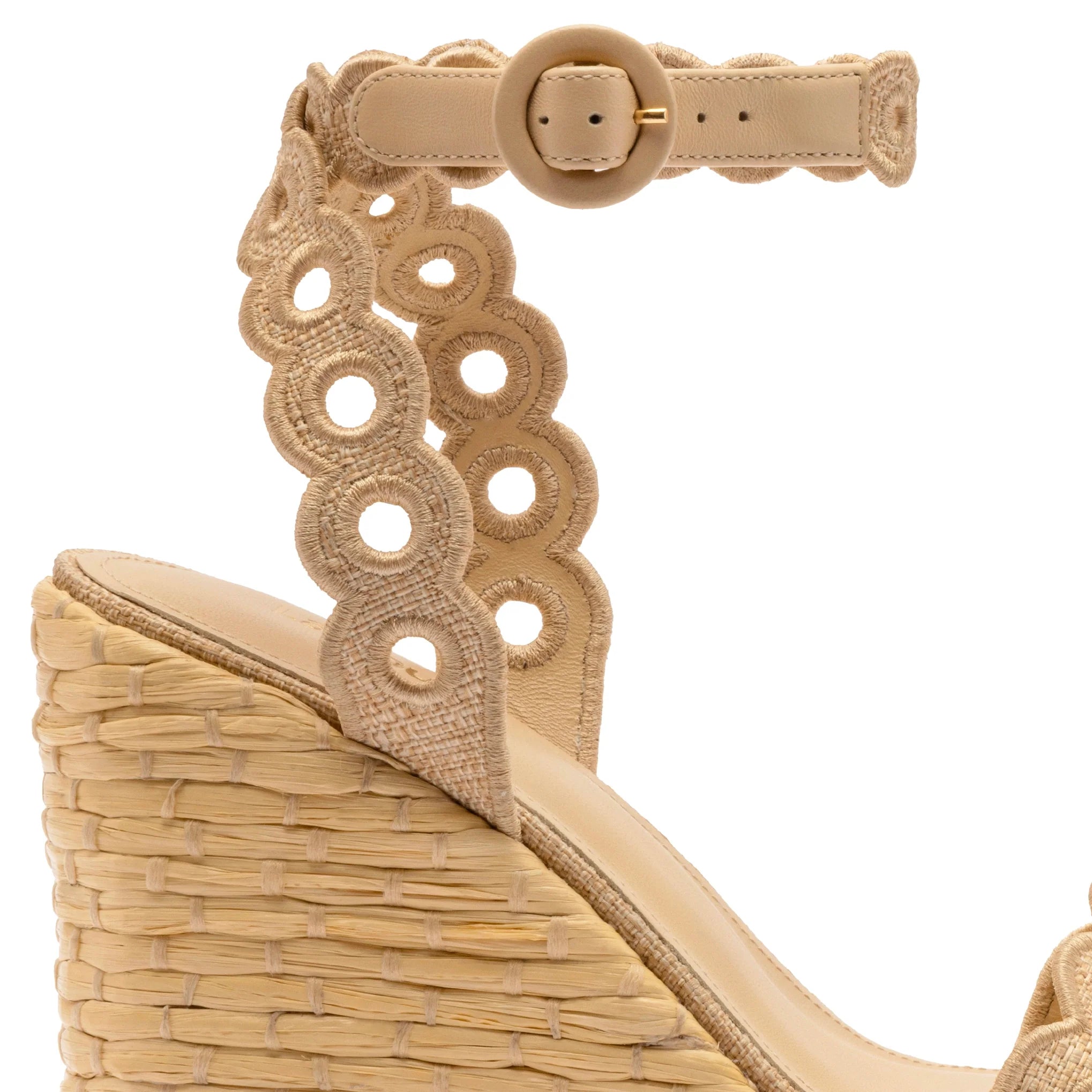 Florence Broderie Wedge In Beige Raffia by Larroudé