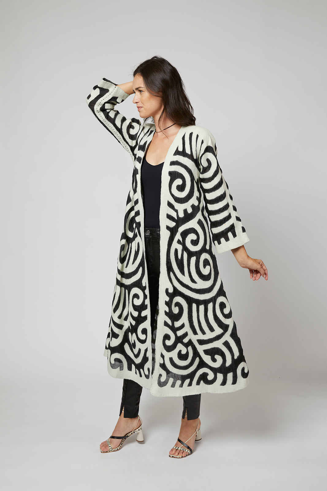 Felted Wool Coat from Kyrgyzstan - Long - Ivory and Black by Larkin Lane