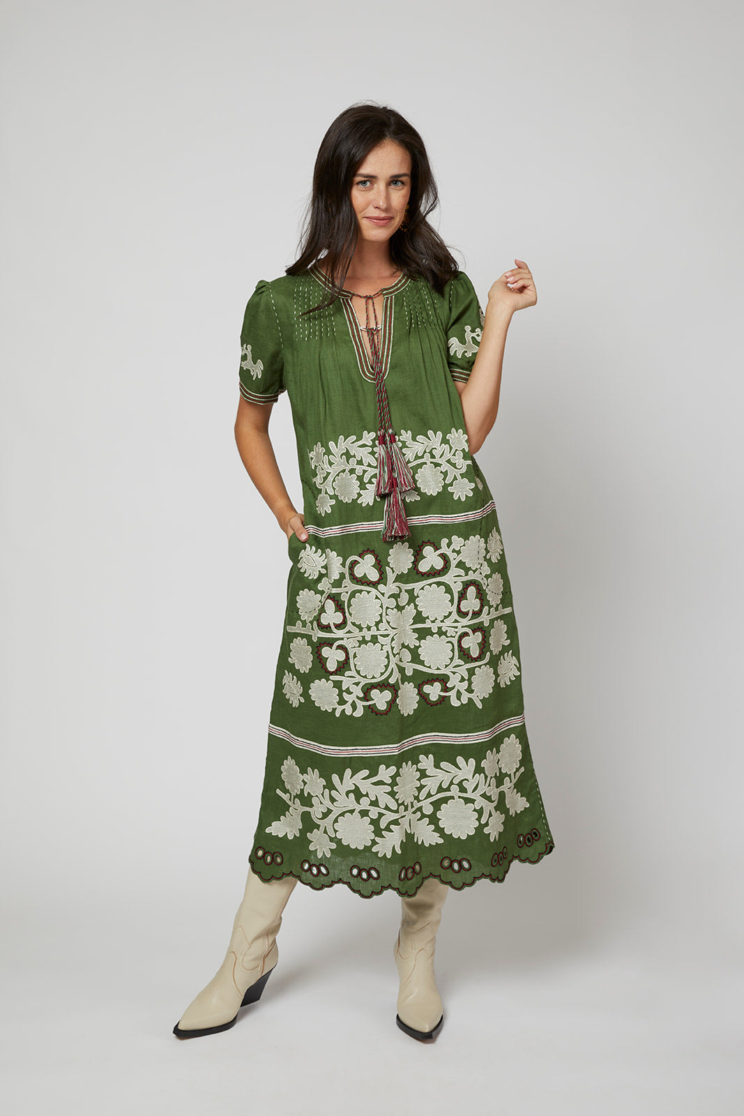 Natalia Ukrainian Embroidered  Dress - Olive Green, Ivory, Wine by Larkin Lane