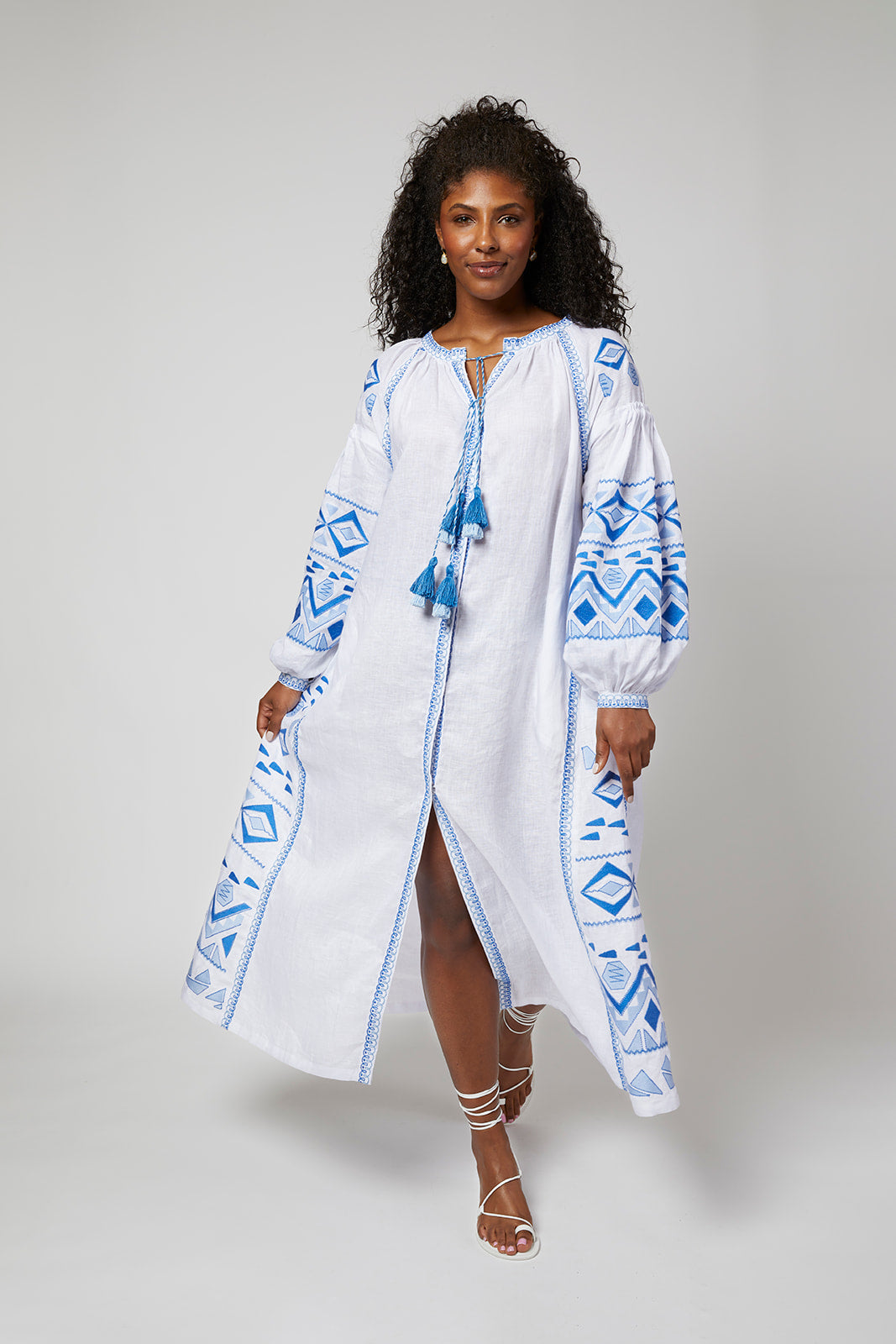Daniela Ukrainian Embroidered Maxi Dress / Kaftan - White, Blue by Larkin Lane