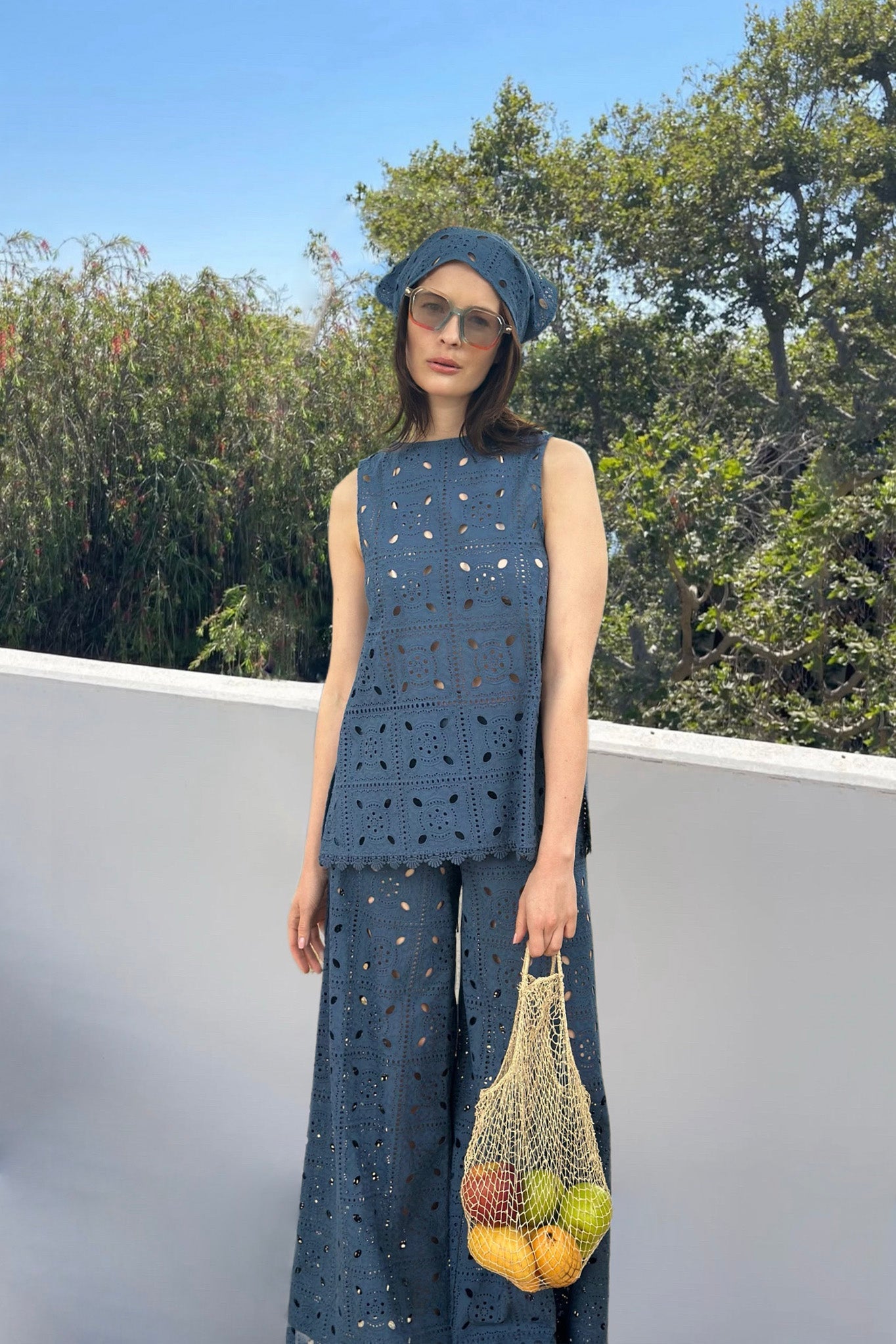 Miguelina | Lilly Patchwork Eyelet Pants - Slate Blue | M | Blue Miguelina | Lilly Patchwork Eyelet Pants - Slate Blue | M | Blue