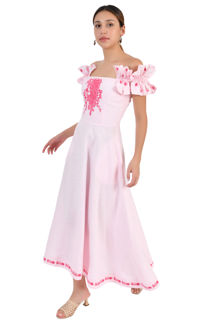 Pink off-shoulder dress with floral embroidery on a white background