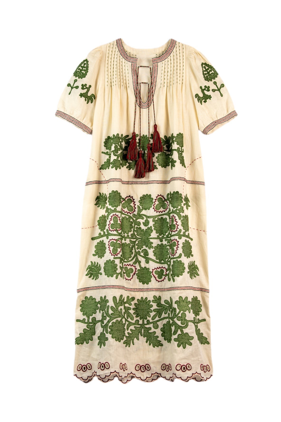Natalia Ukrainian Embroidered Dress - Ivory, Olive by Larkin Lane