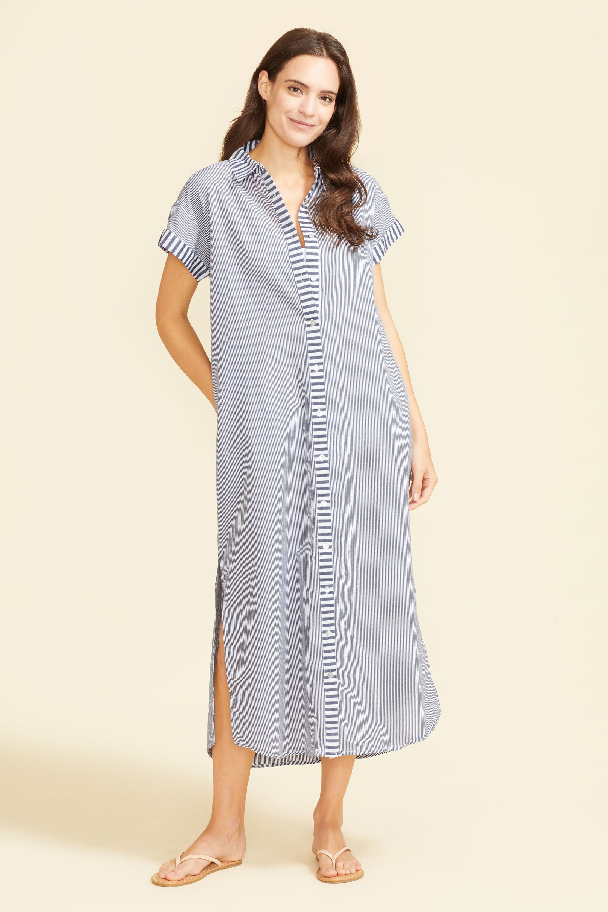 Riga Short Sleeve Midi Dress - Navy Stripes by Sitano