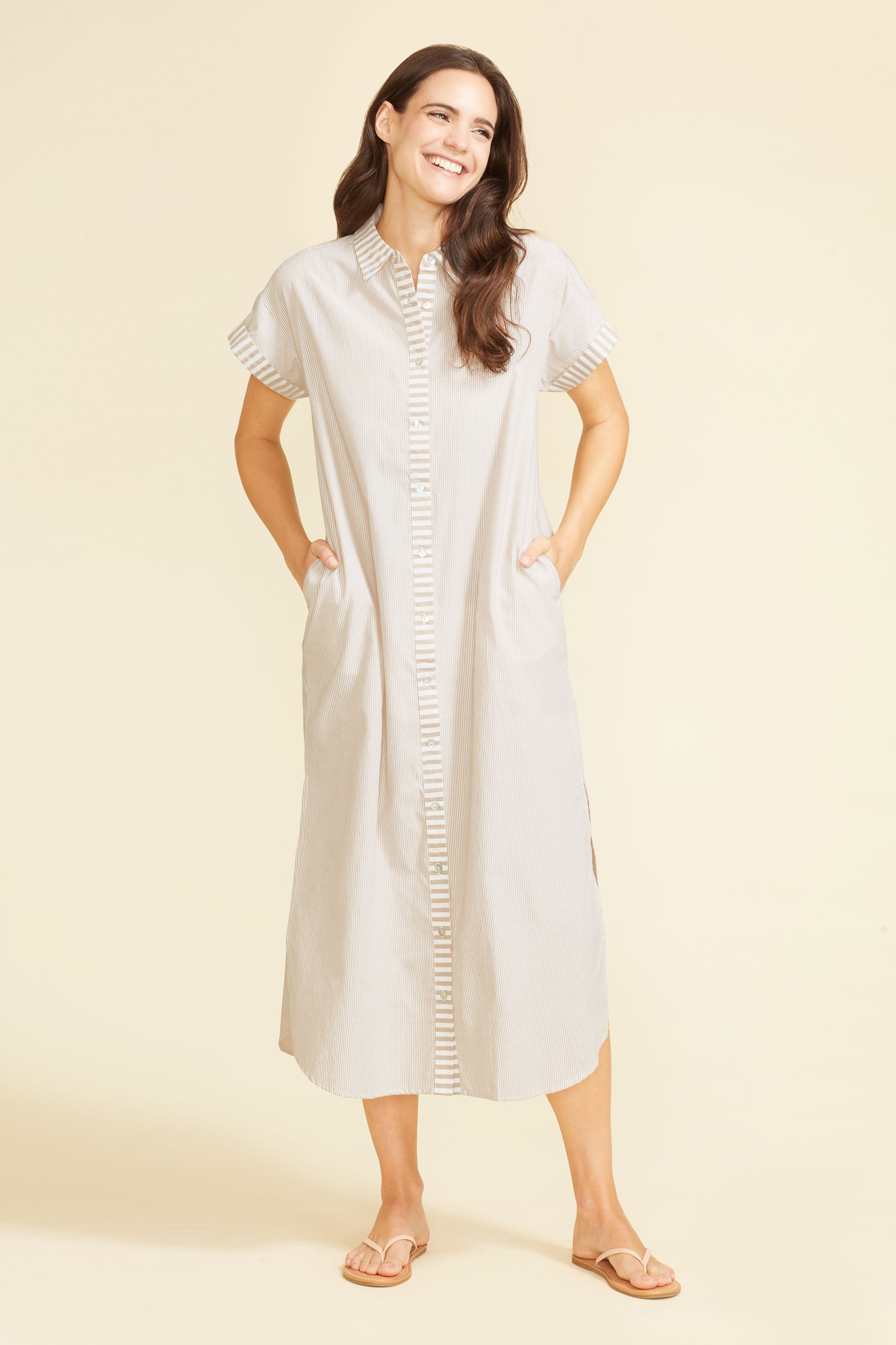 Riga Short Sleeve Midi Dress - Tan Stripes by Sitano