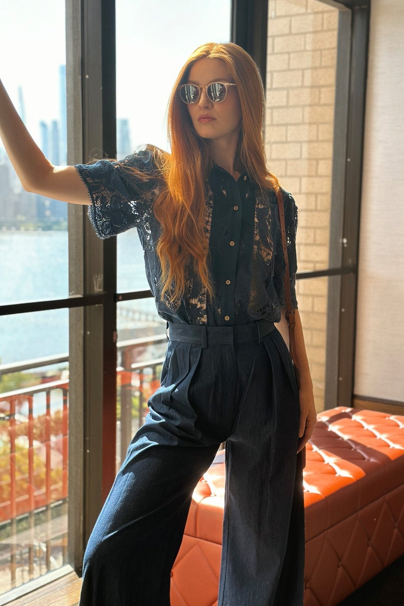 River High-waisted Trousers in Marine Blue by Miguelina