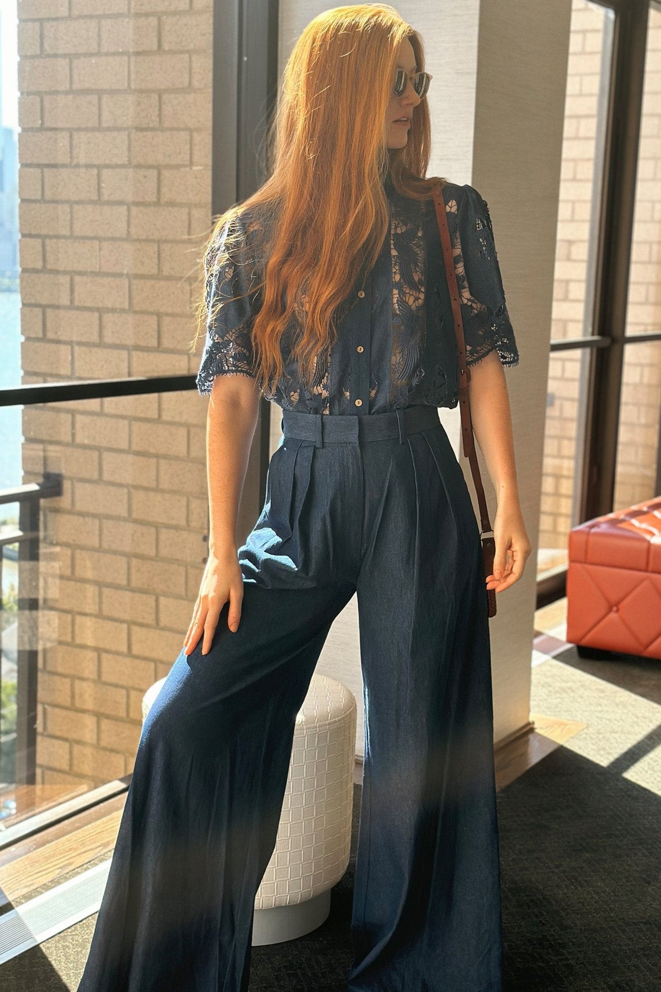 River High-waisted Trousers in Marine Blue by Miguelina