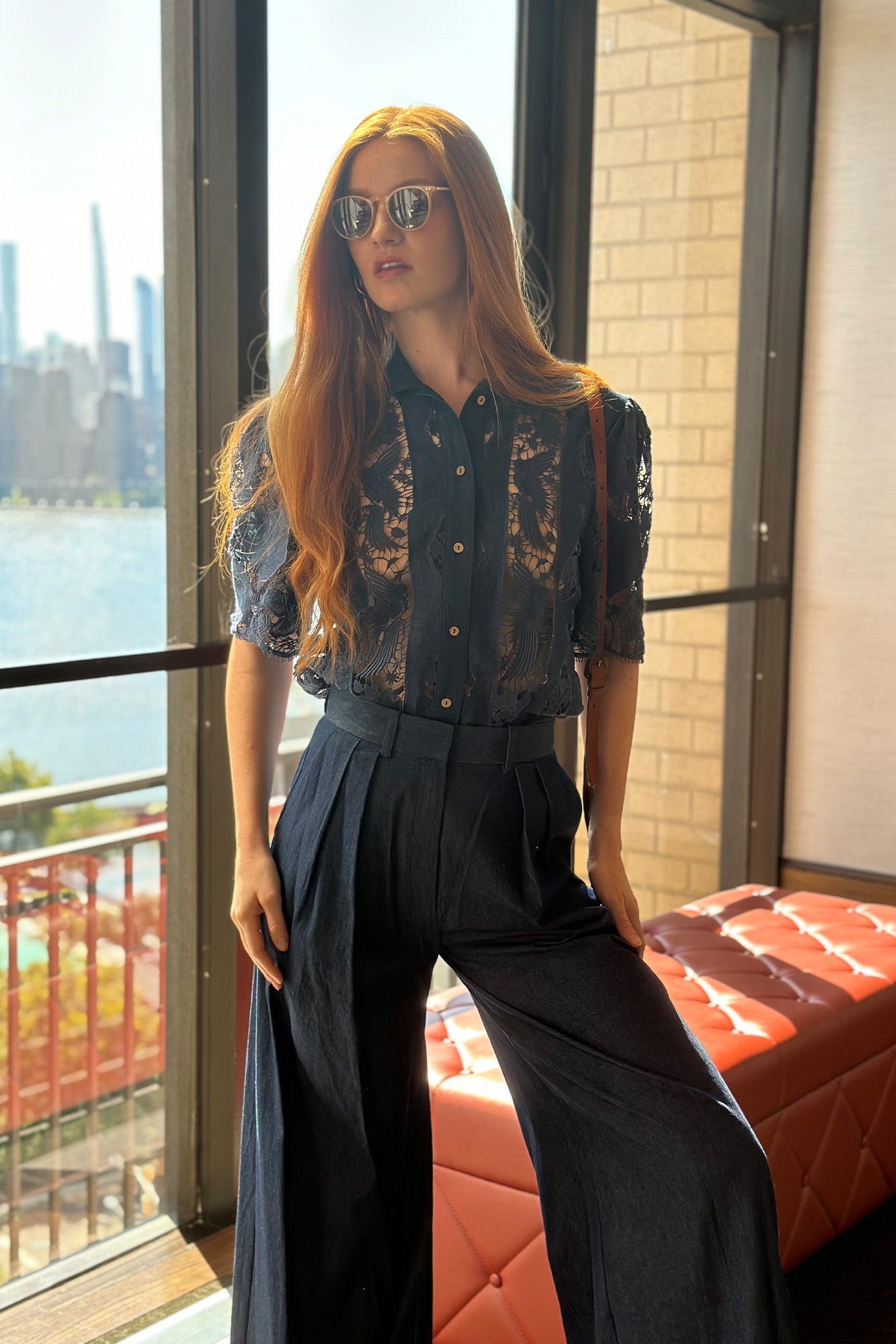River High-waisted Trousers in Marine Blue by Miguelina