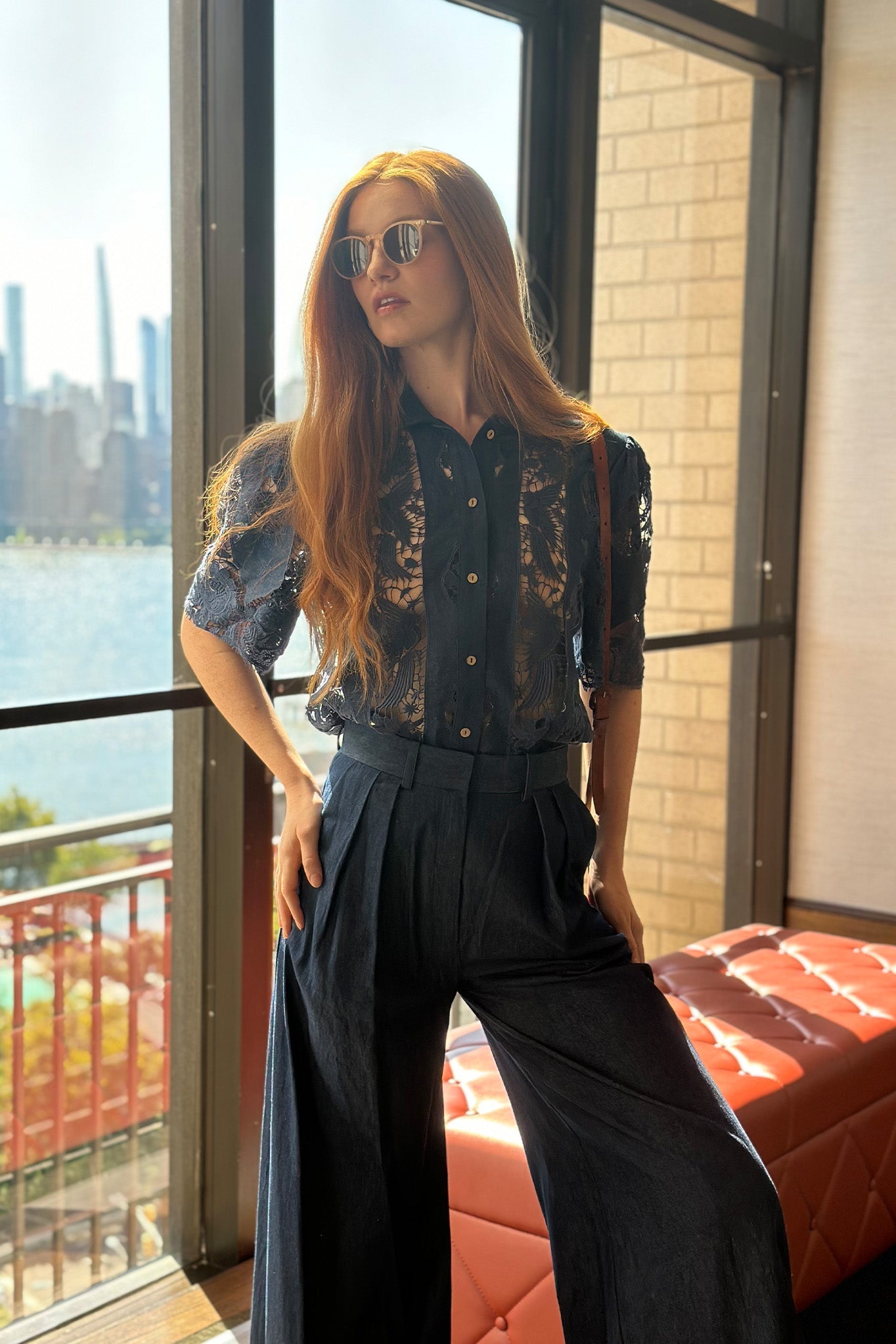 River High-waisted Trousers in Marine Blue by Miguelina