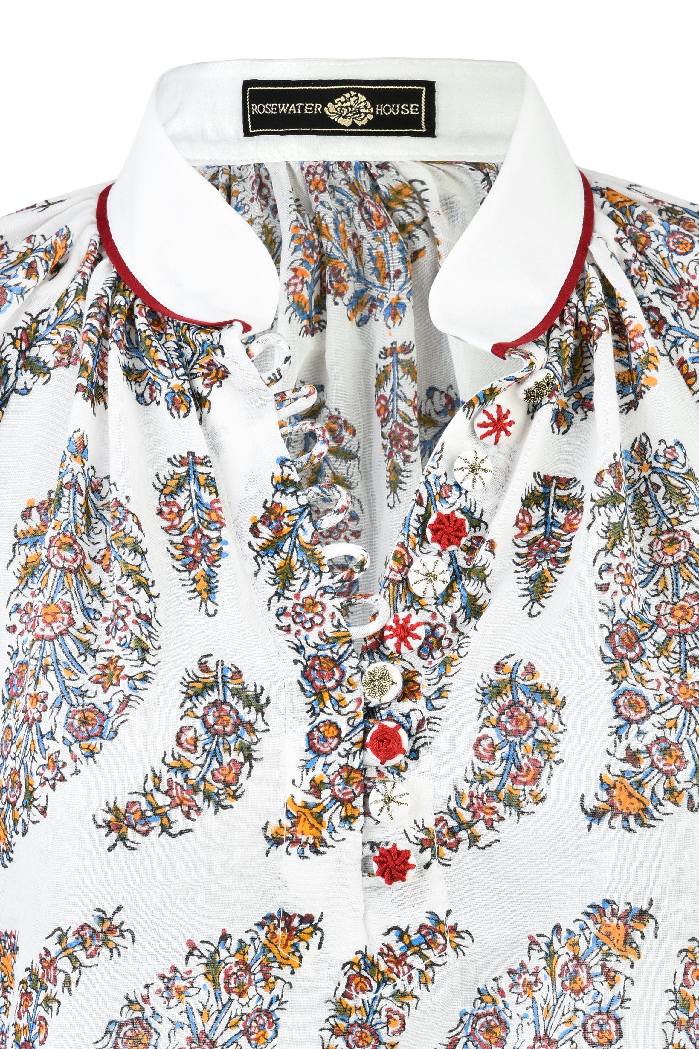 Golab Blouse - Blue Paisley & Red Buttons by Rosewater House