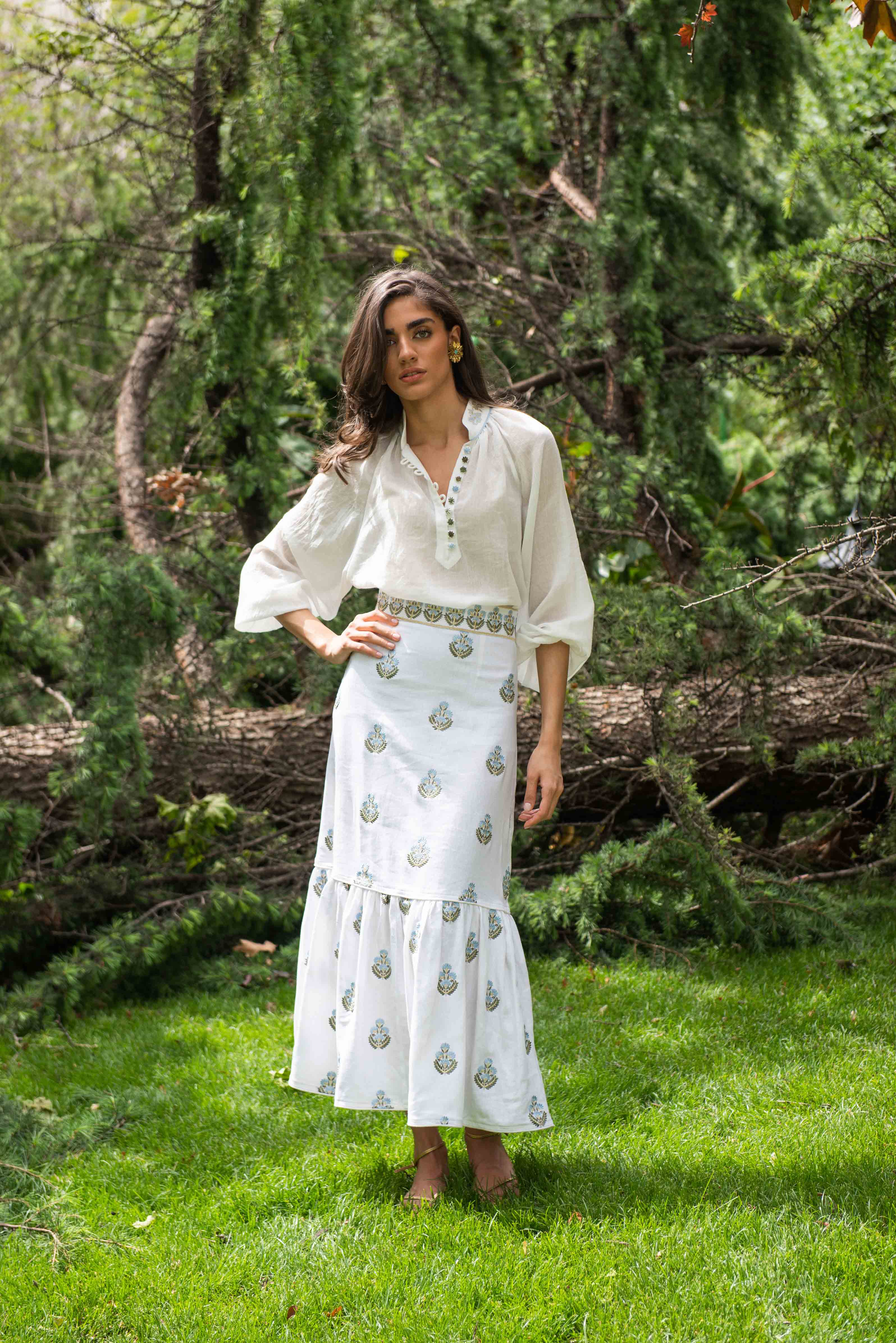 Begum Skirt- Off White & Blue by Rosewater House