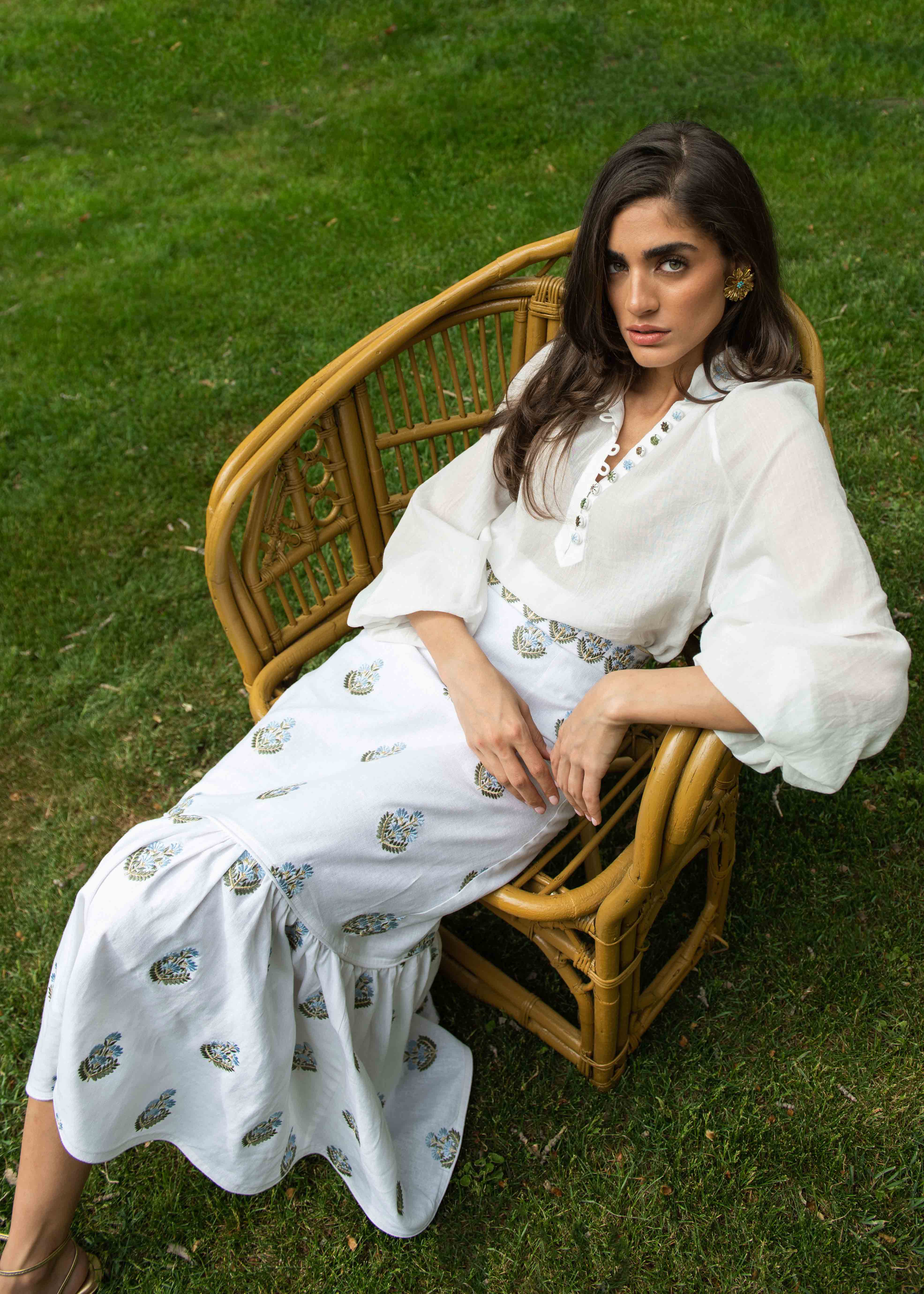 Begum Skirt- Off White & Blue by Rosewater House