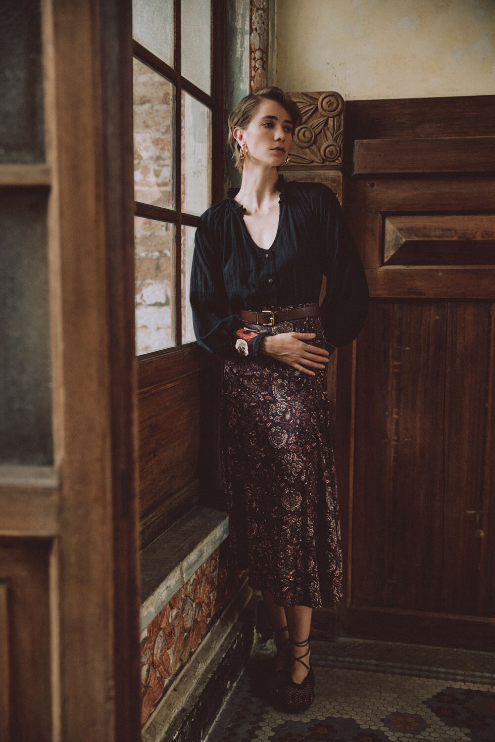Zoya Skirt - Printed Silk Brown by Rosewater House