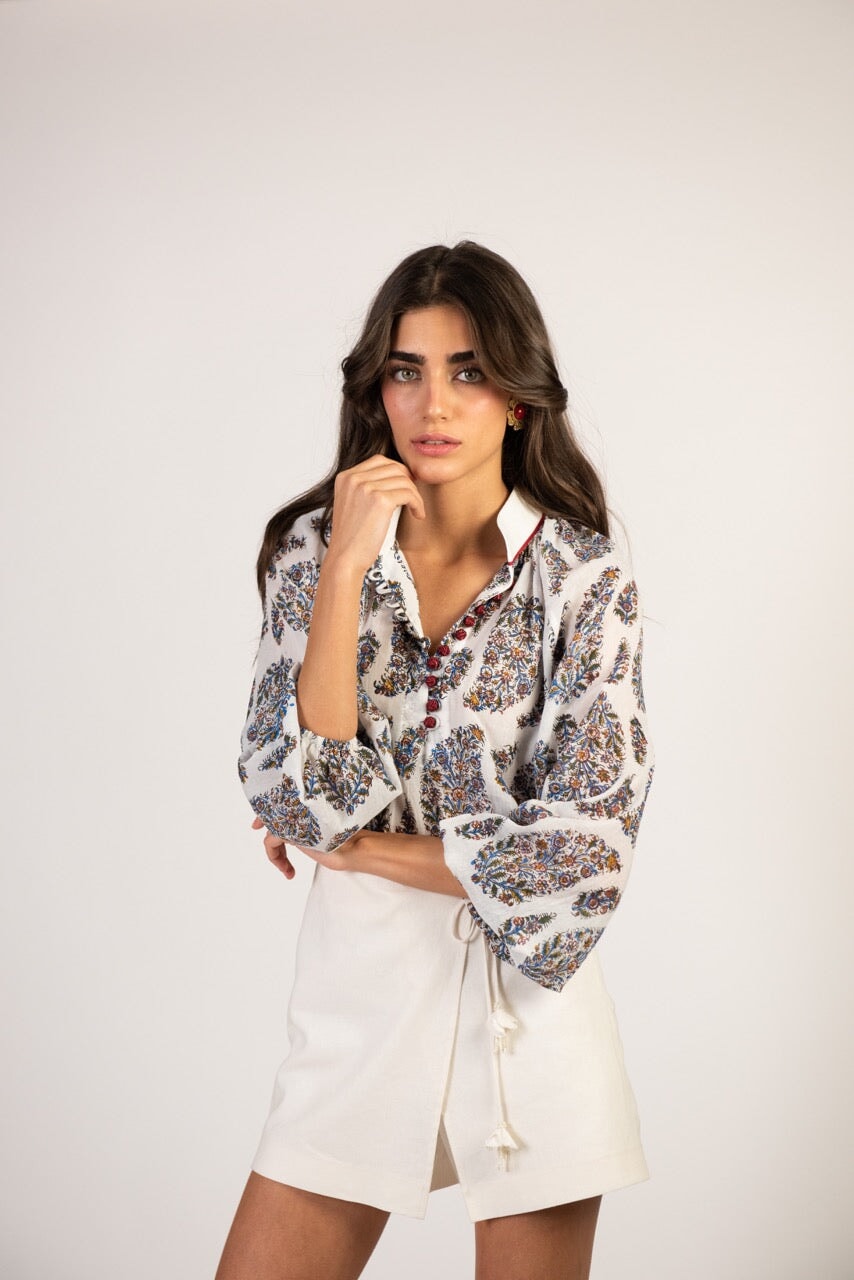 Golab Blouse - Blue Paisley & Red Buttons by Rosewater House