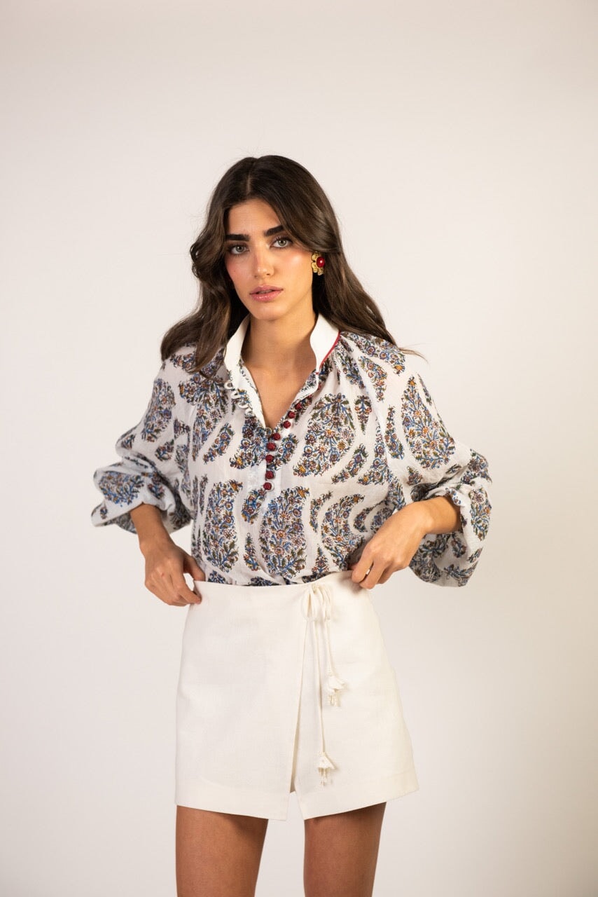 Golab Blouse - Blue Paisley & Red Buttons by Rosewater House