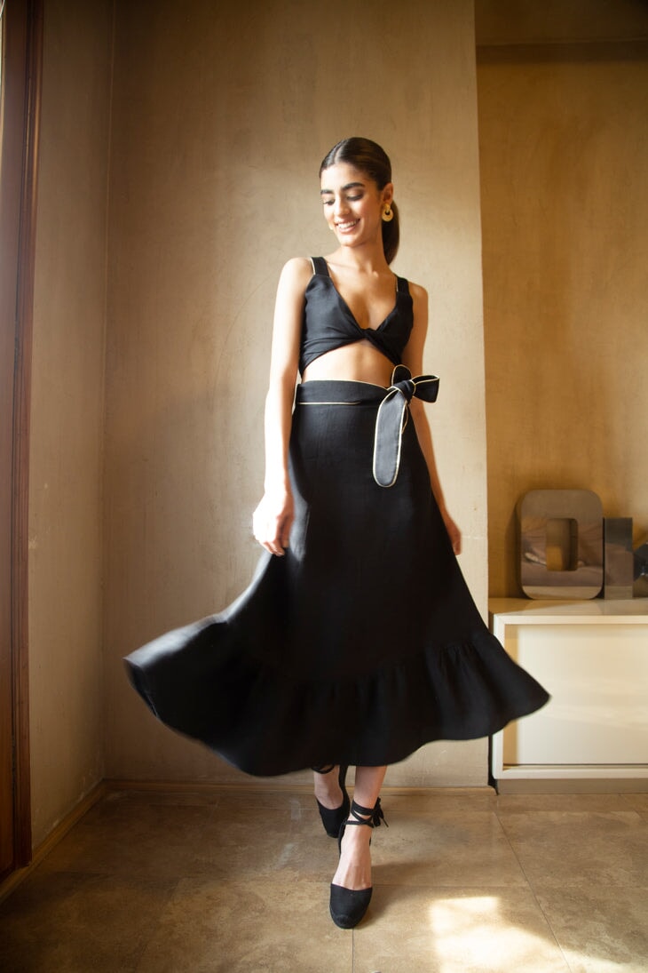 Noor Belted Midi Skirt - Black by Rosewater House