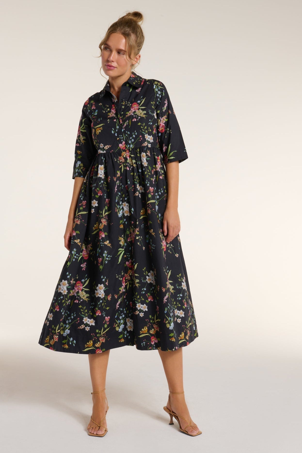 Francesca Collared Belted Maxi Dress in Black Floral by Hermoza