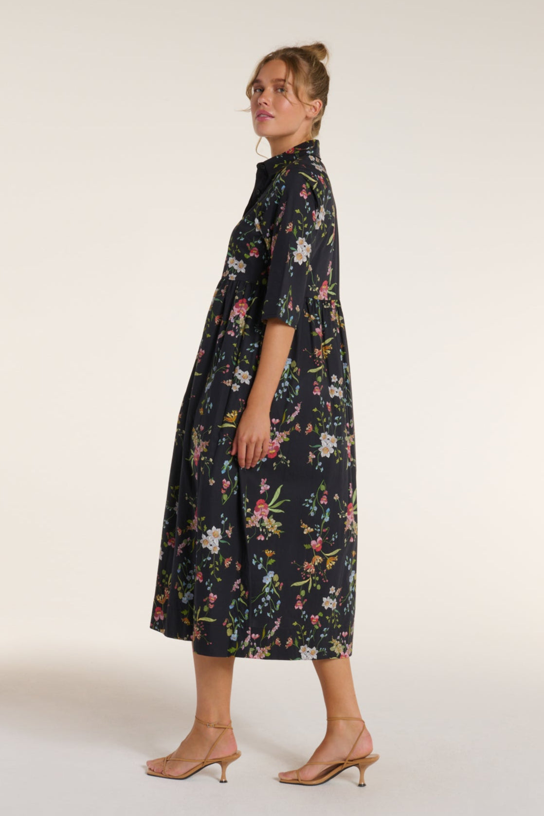 Francesca Collared Belted Maxi Dress in Black Floral by Hermoza