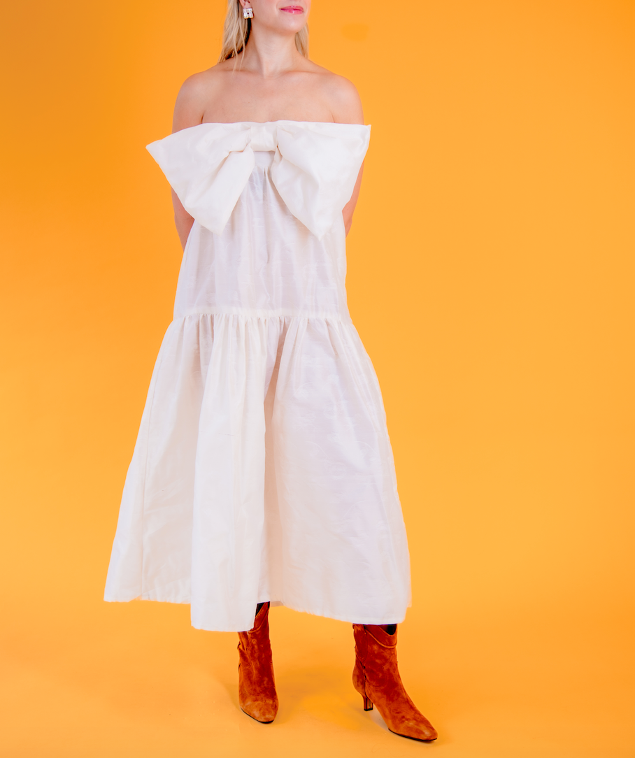 East Village Bow Dress in Vintage Tulip Creme Shantung by Madeline Marie