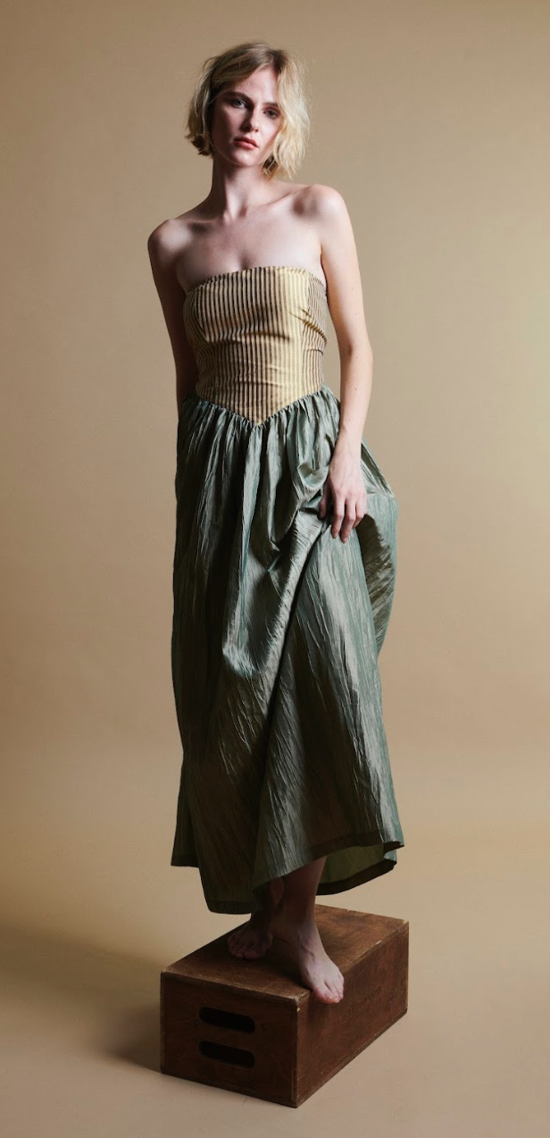 Roxanne Long Dress in Cream & Moss by Madeline Marie