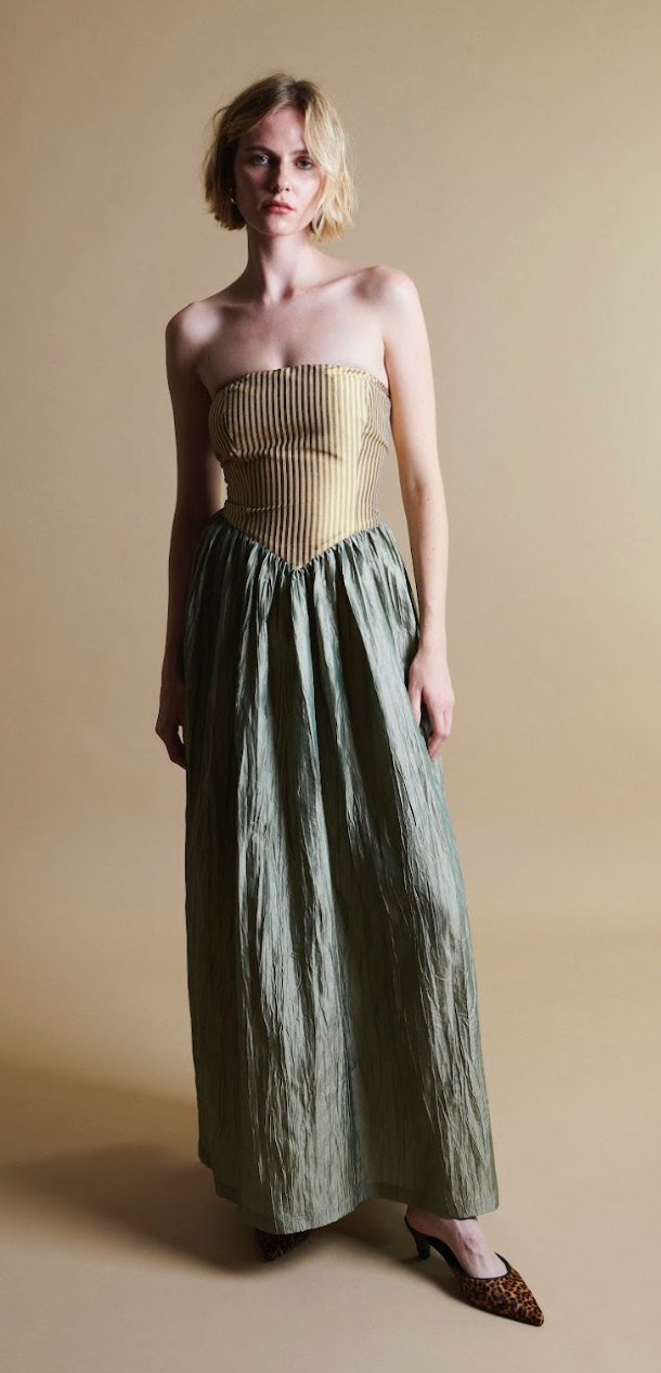 Roxanne Long Dress in Cream & Moss by Madeline Marie
