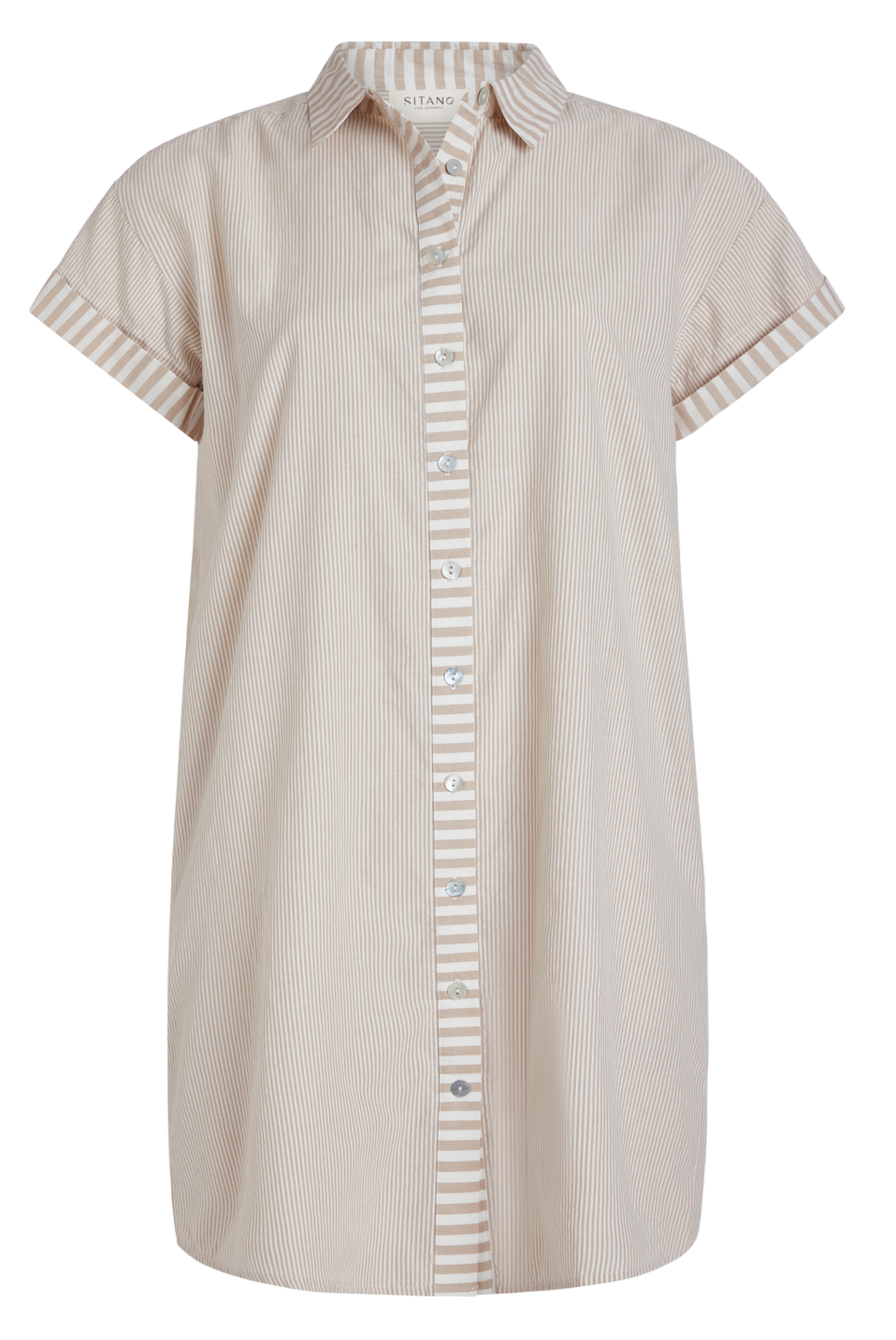 Riga Short Sleeve Short Dress - Tan Stripes by Sitano