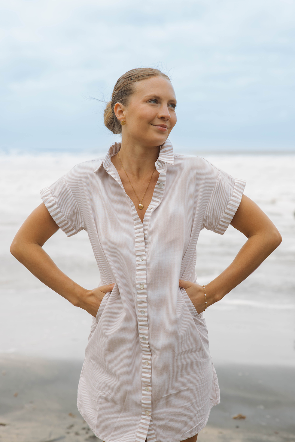 Riga Short Sleeve Short Dress - Tan Stripes by Sitano