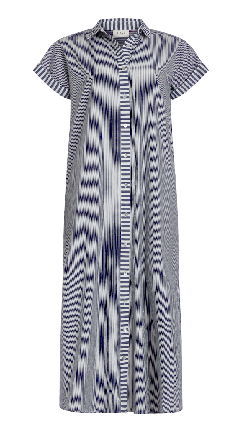 Riga Short Sleeve Midi Dress - Navy Stripes by Sitano