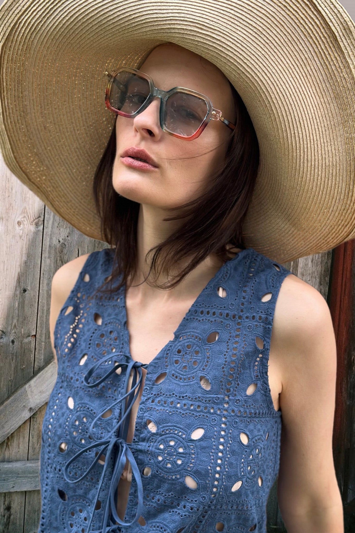 Tula Patchwork Eyelet Reversible Top - Slate Blue by Miguelina