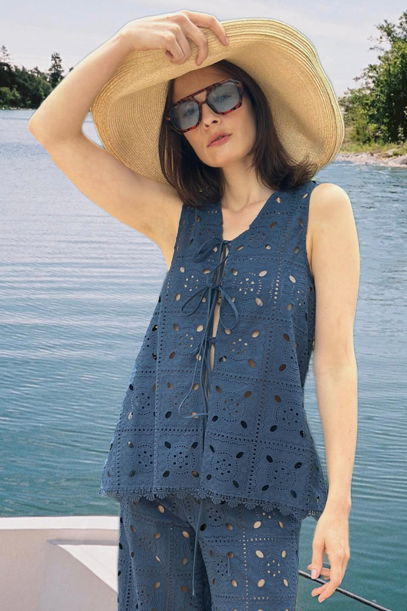 Tula Patchwork Eyelet Reversible Top - Slate Blue by Miguelina