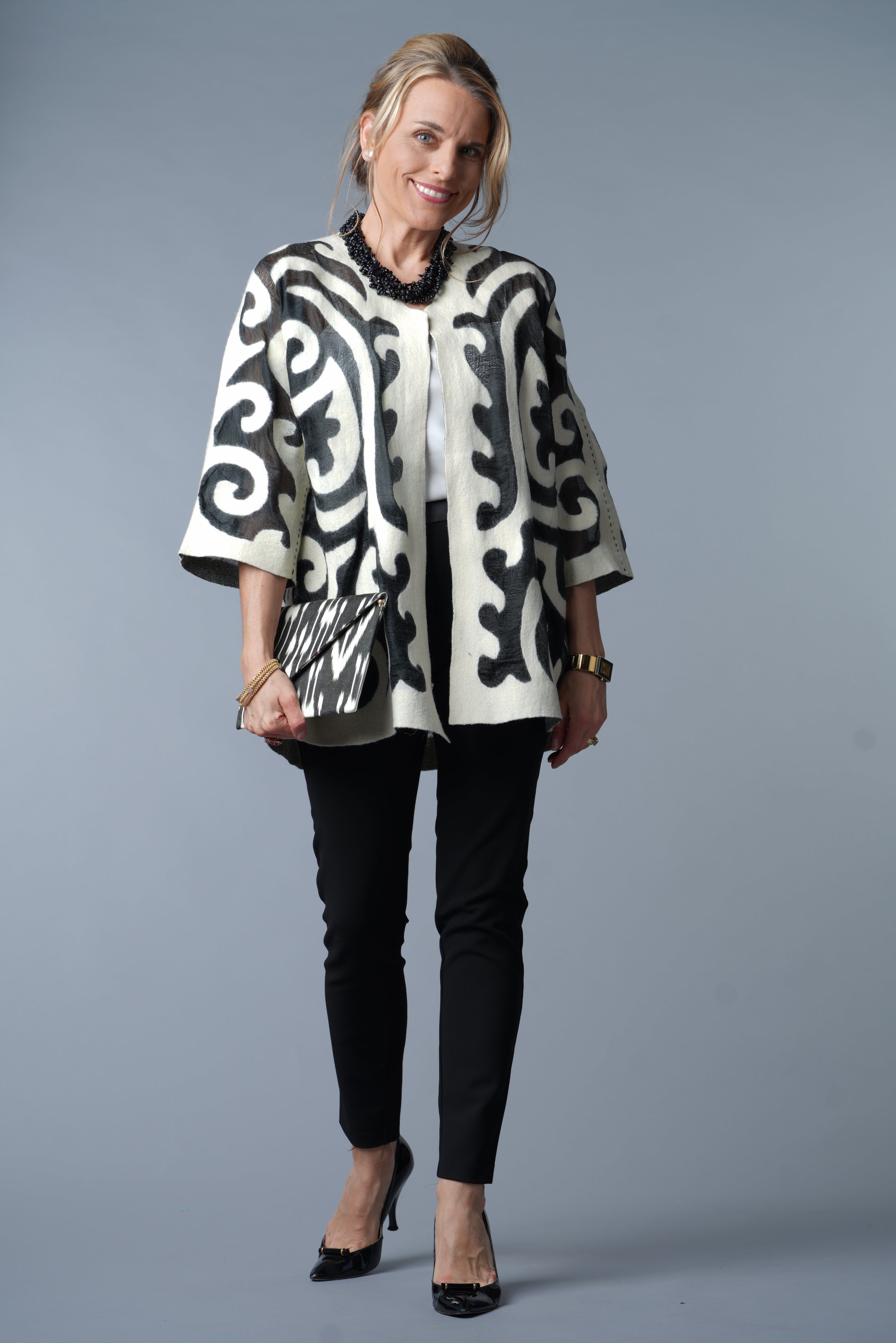 Felted Wool Jacket from Kyrgyzstan - Black, Ivory by Larkin Lane