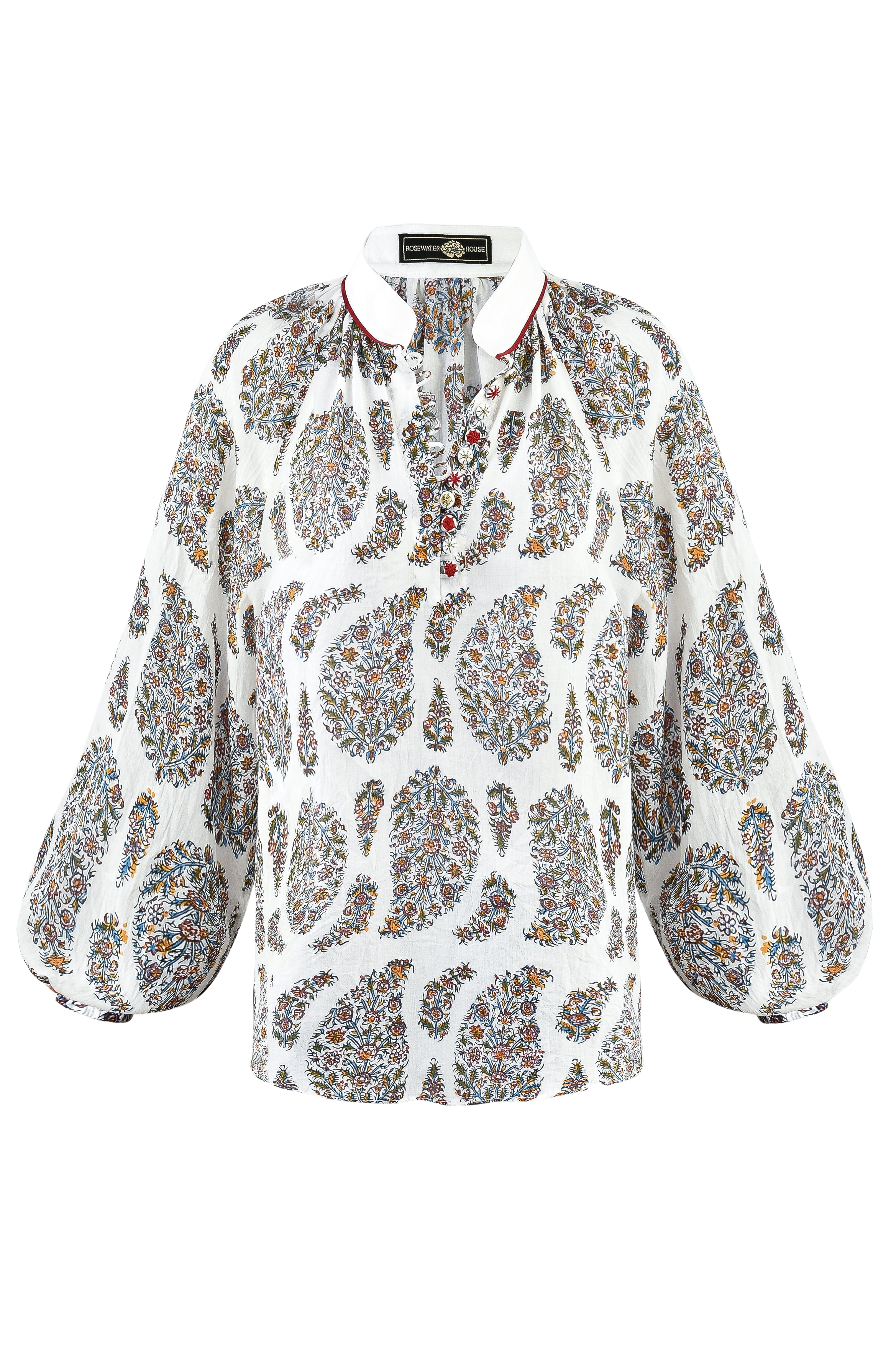 Golab Blouse - Blue Paisley & Red Buttons by Rosewater House