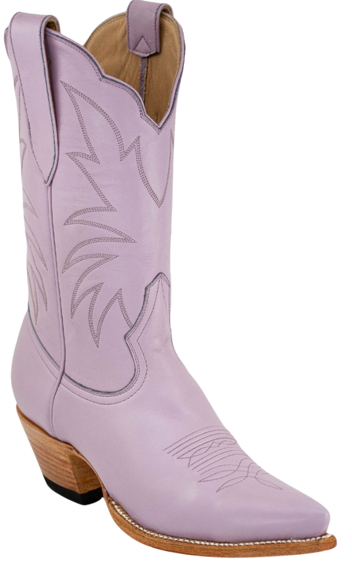 Lavender cowboy boot with brown accents on a white background