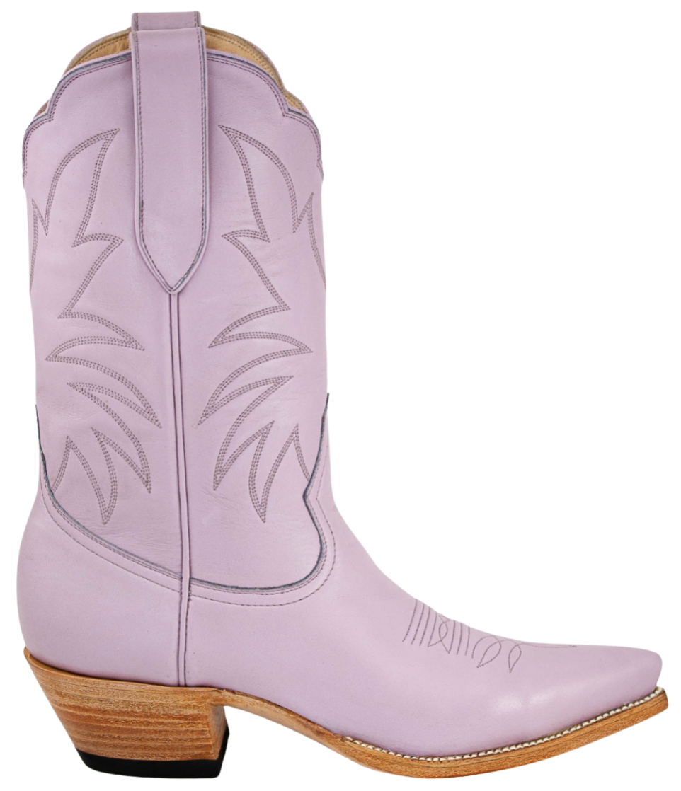 Lavender cowboy boot with brown sole on a white background