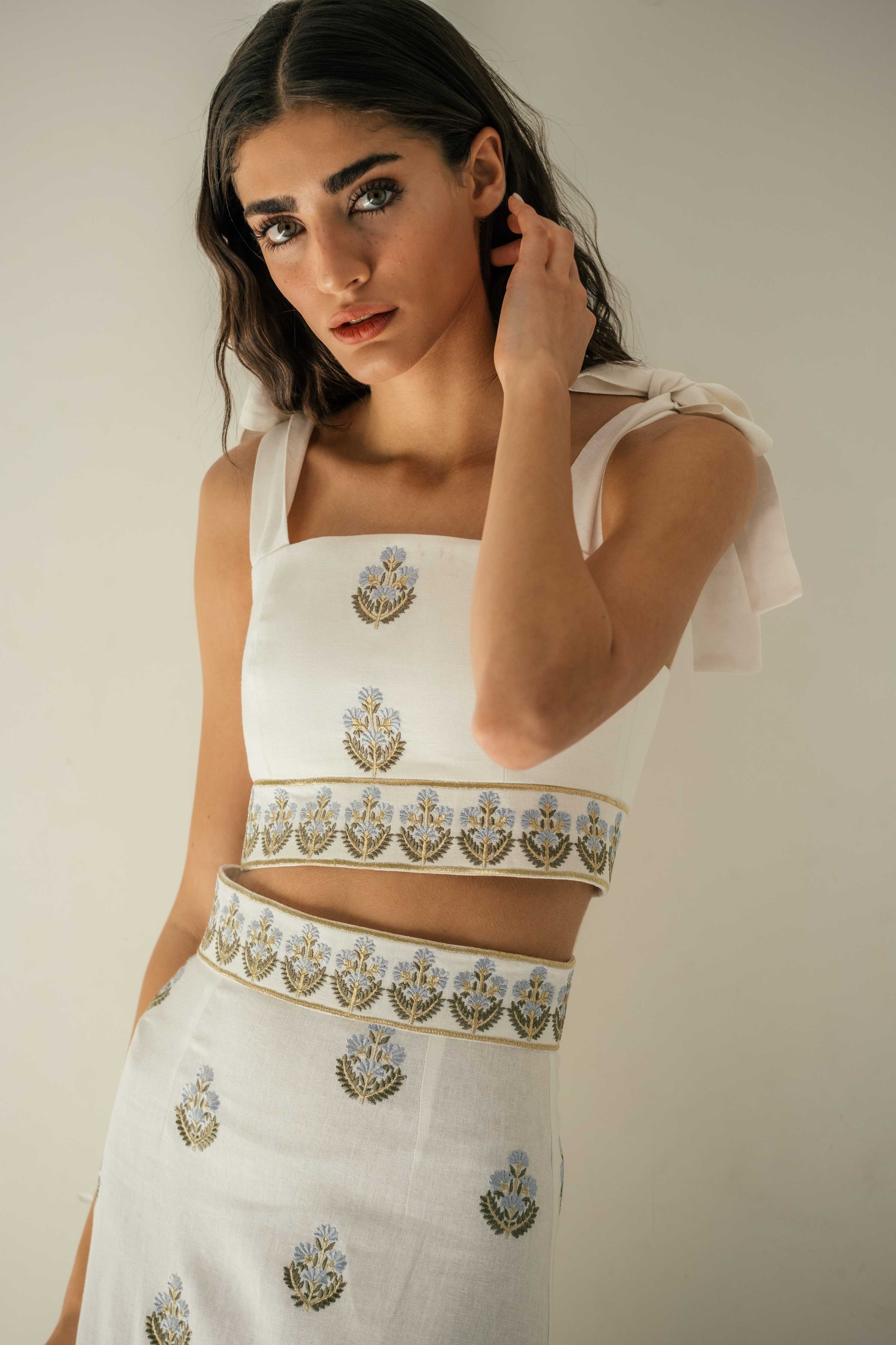 Begum Skirt- Off White & Blue by Rosewater House