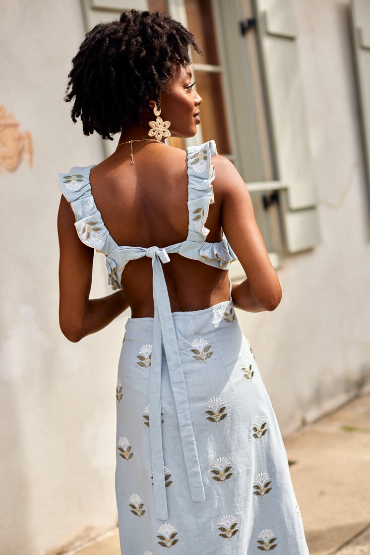 Malika Dress - White & Baby Blue by Rosewater House