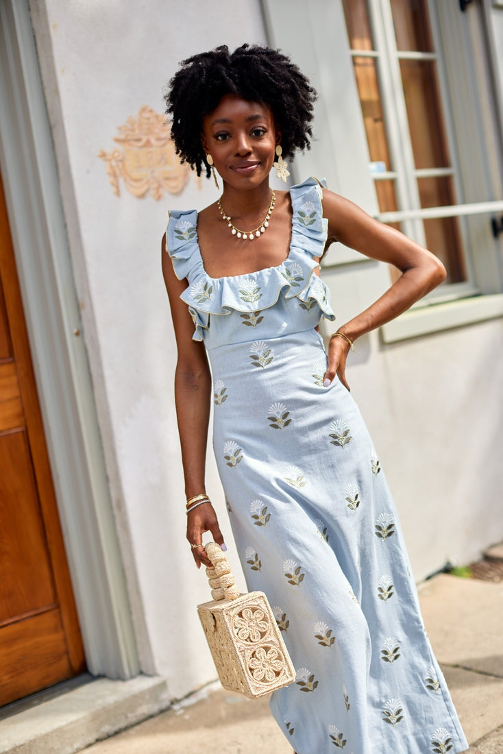 Malika Dress - White & Baby Blue by Rosewater House