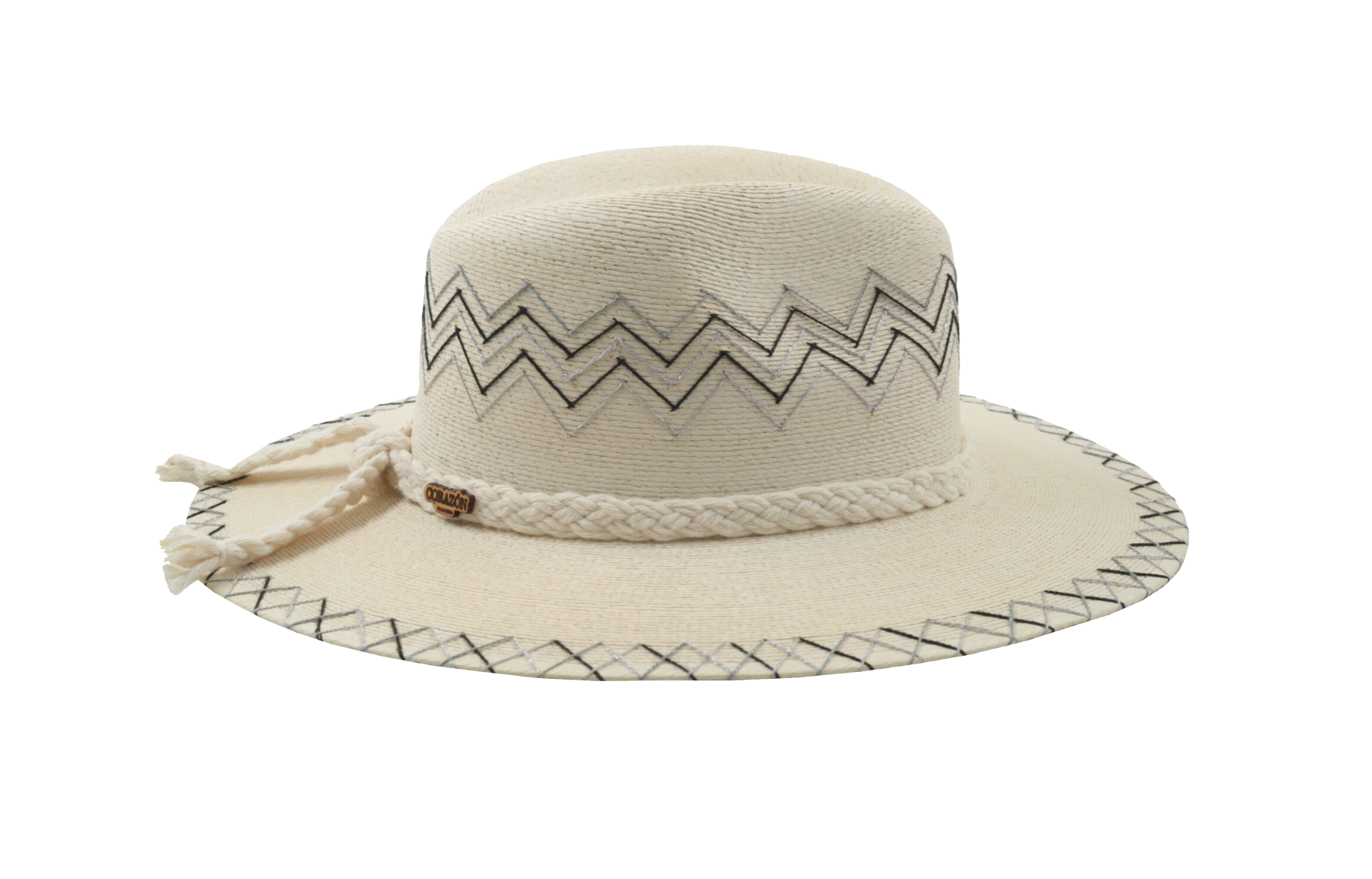 side view of black and gray wave pattern hat