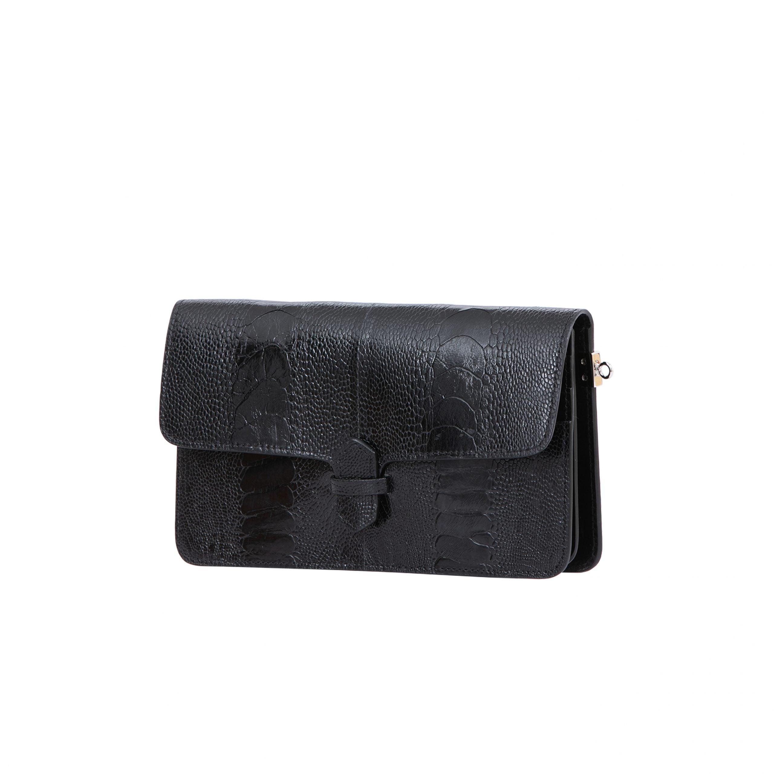 Accordion Crossbody Wallet in Black Ostrich Leg by Cape Cobra