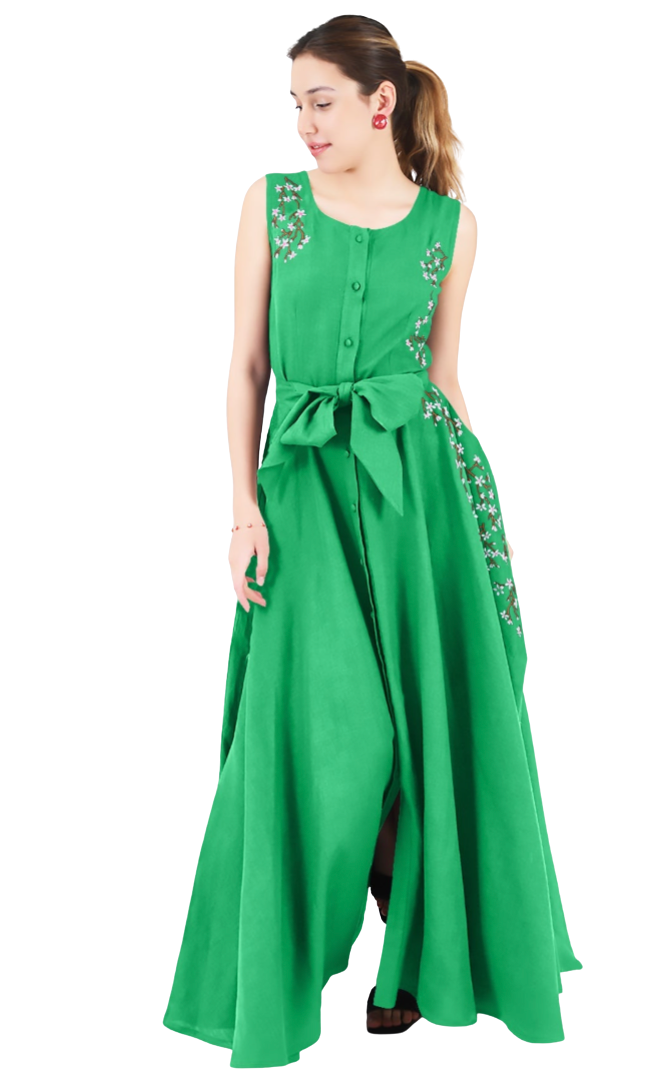 Woman wearing a green dress with embellishments on a white background