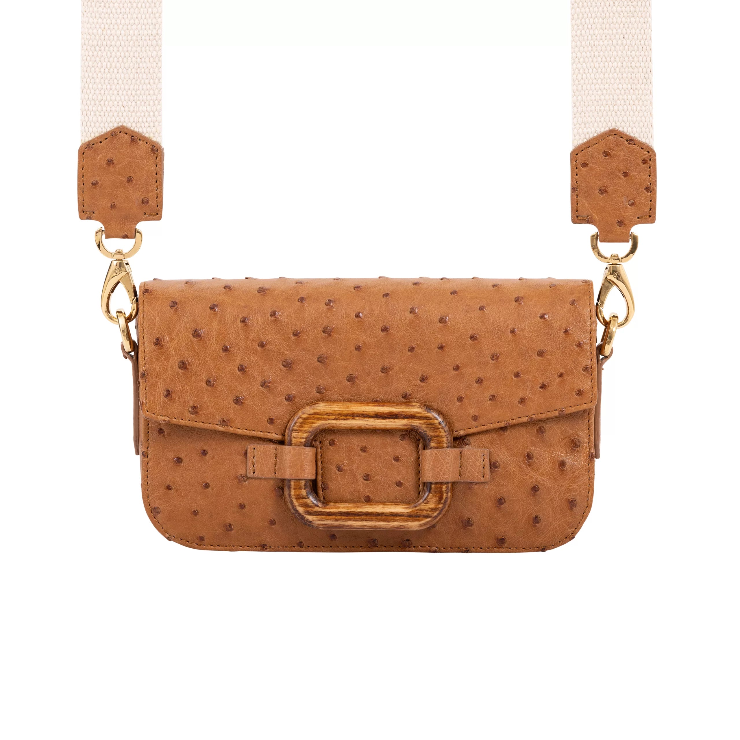 Deya Crossbody in Luggage Ostrich with a wood Ring Detail by Cape Cobra