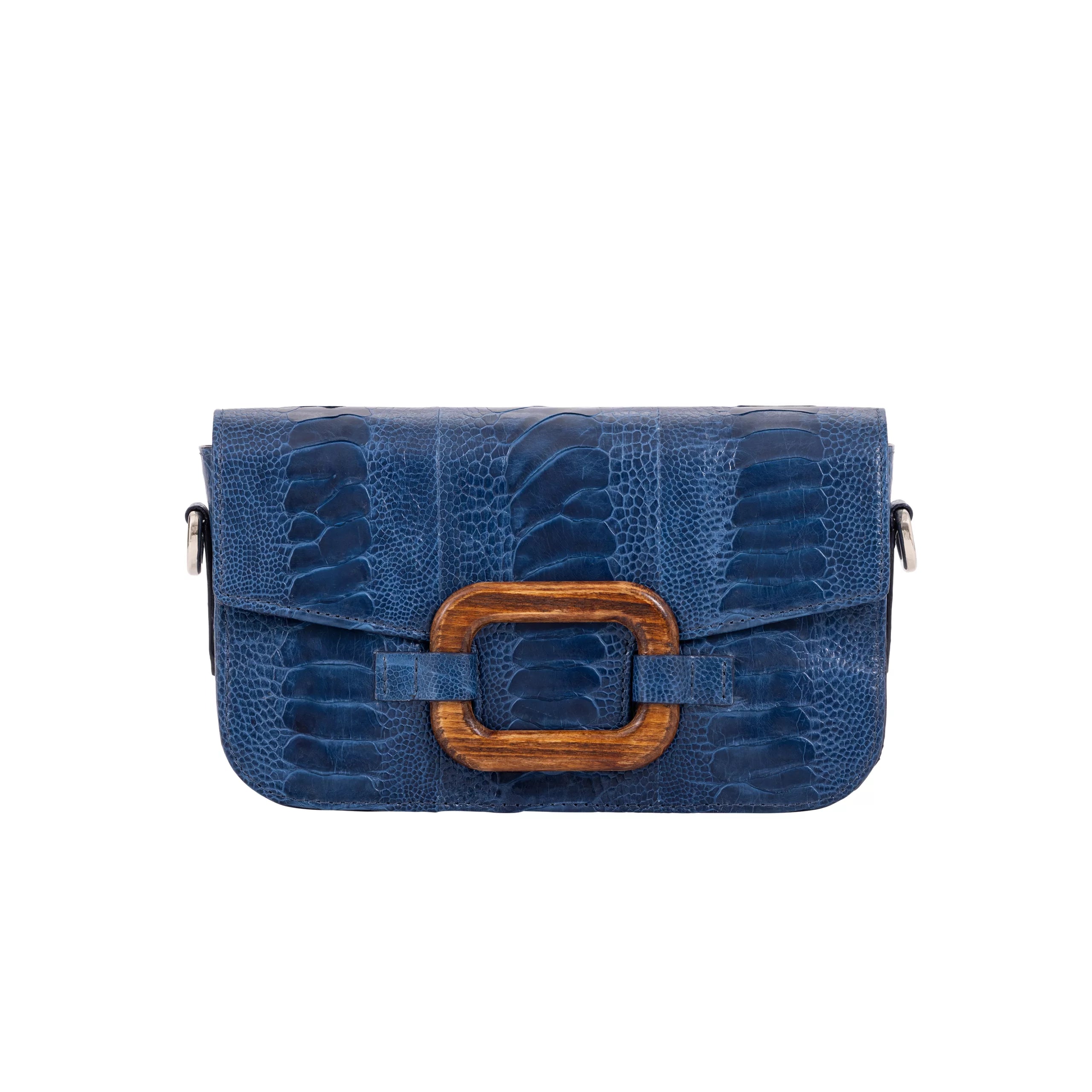 Deya Crossbody in Teal Ostrich Leg with a Wood Ring Detail by Cape Cobra