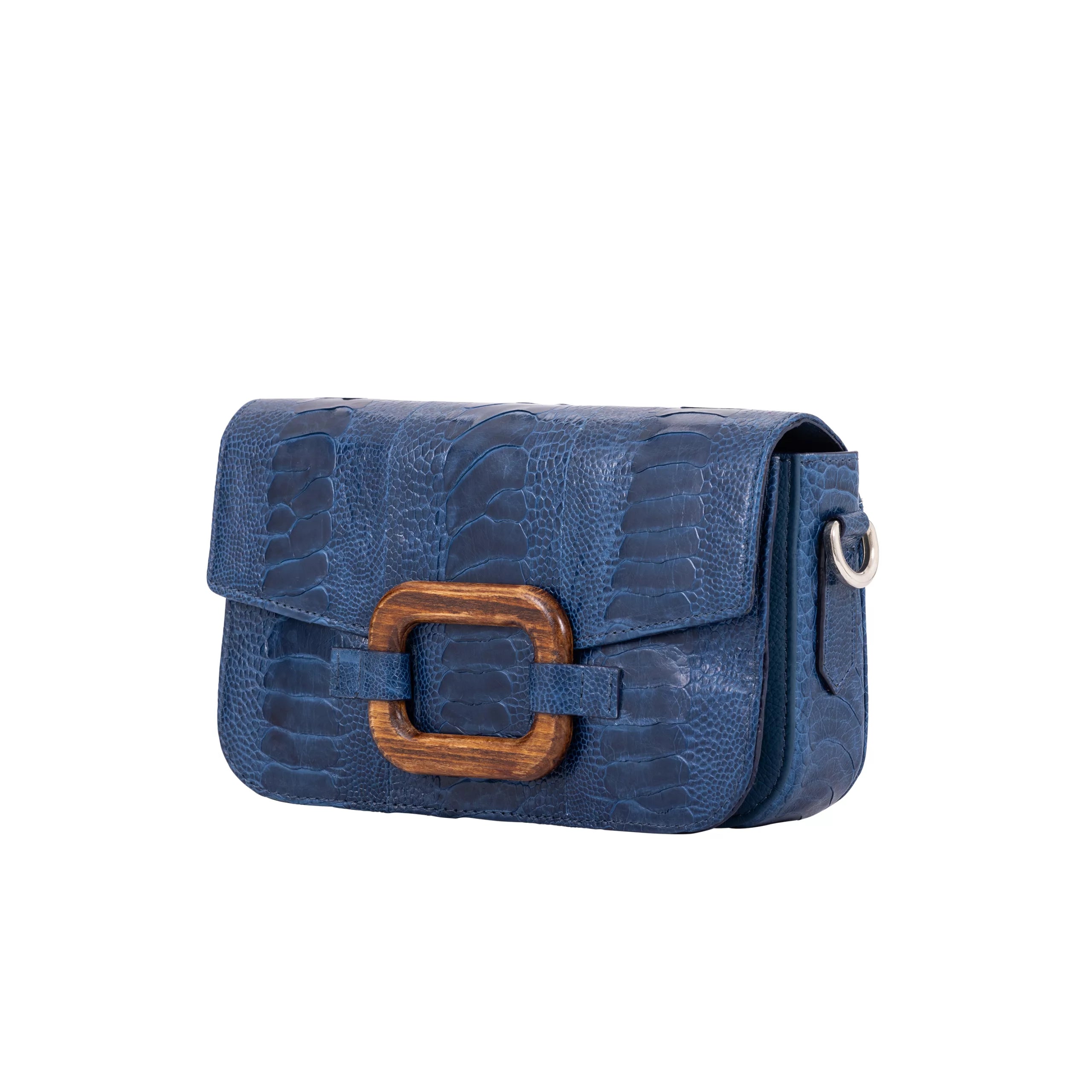 Deya Crossbody in Teal Ostrich Leg with a Wood Ring Detail by Cape Cobra