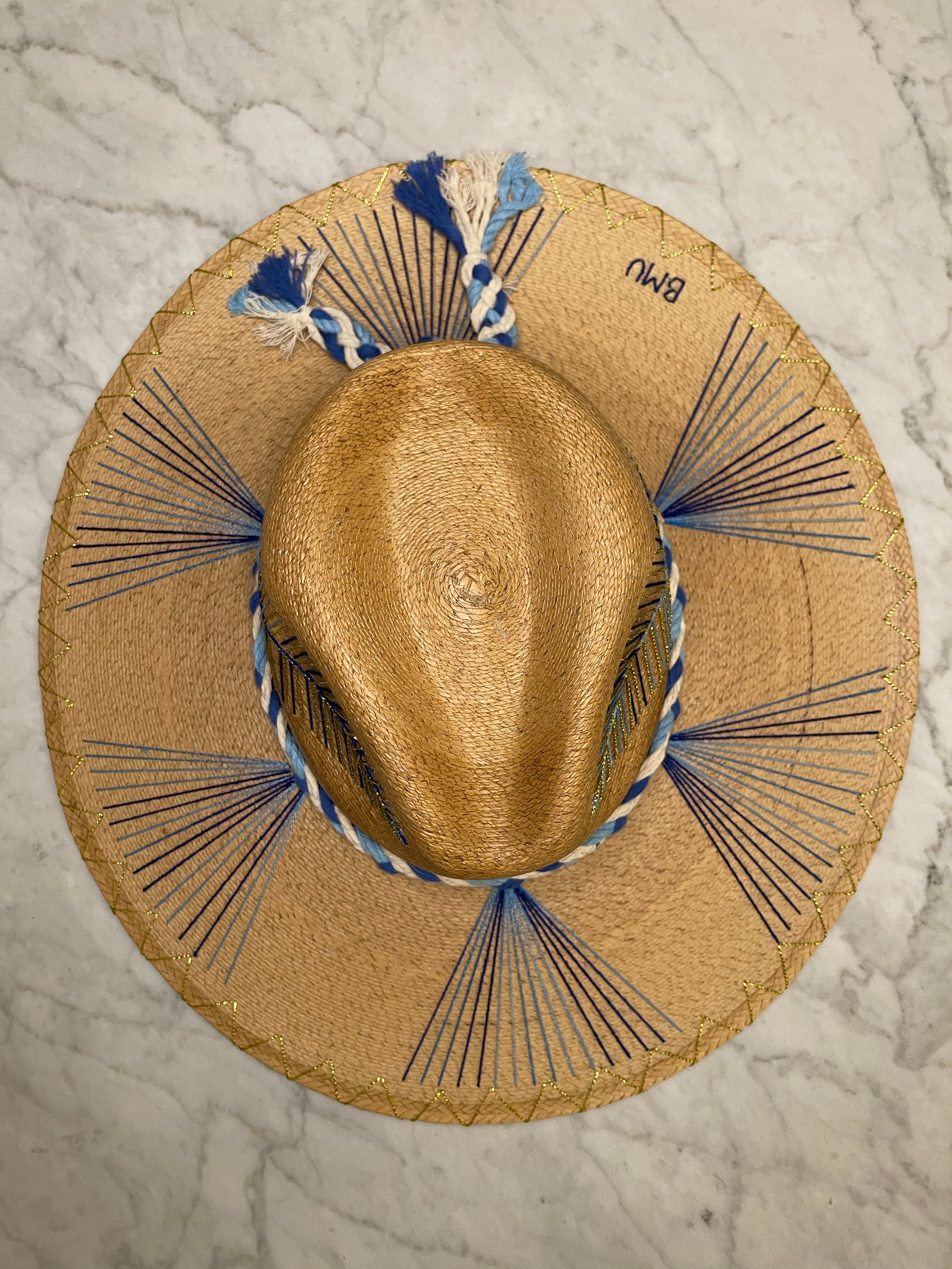 Exclusive Blue Feather, Natural Palm Hat by Corazon Playero