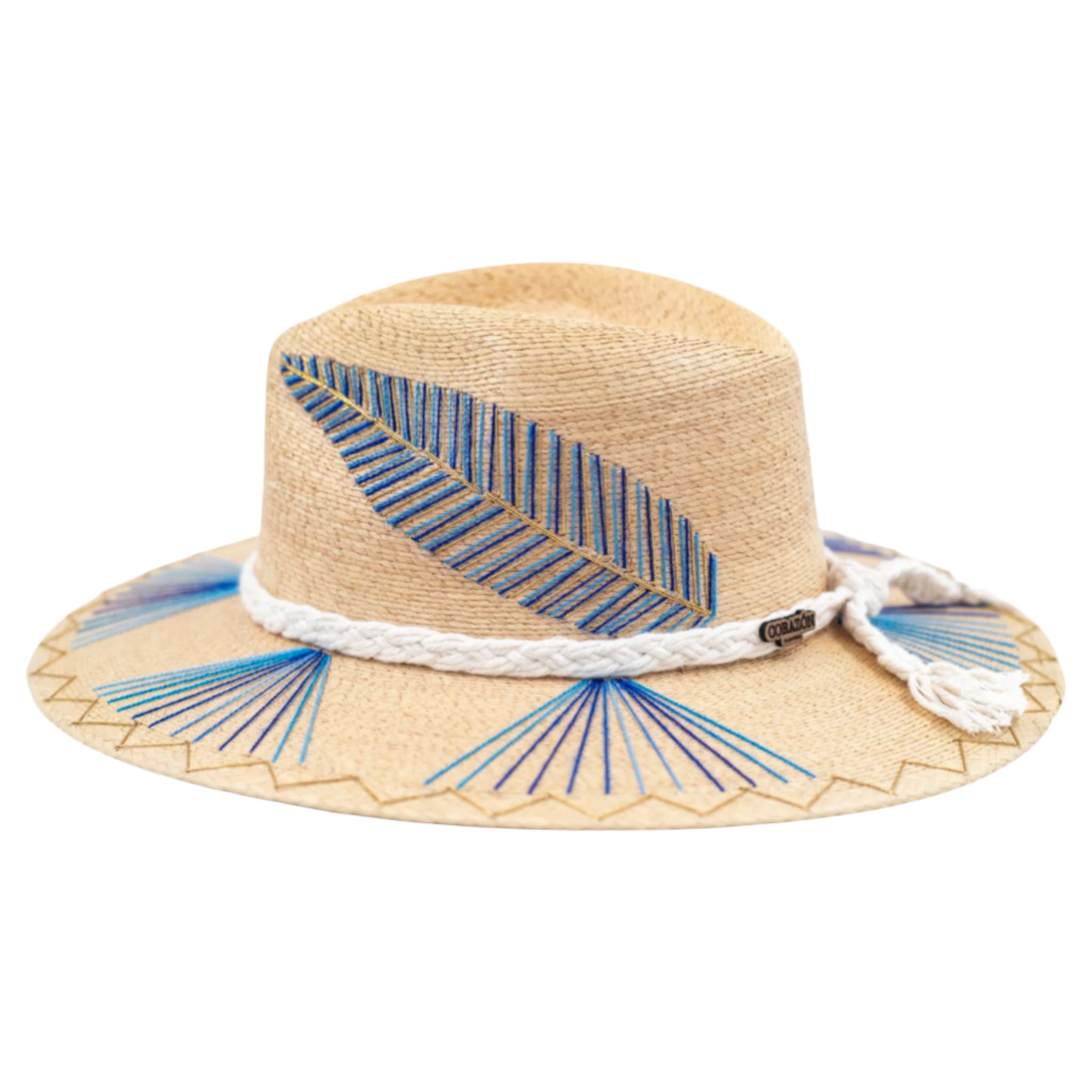 Exclusive Blue Feather, Natural Palm Hat by Corazon Playero