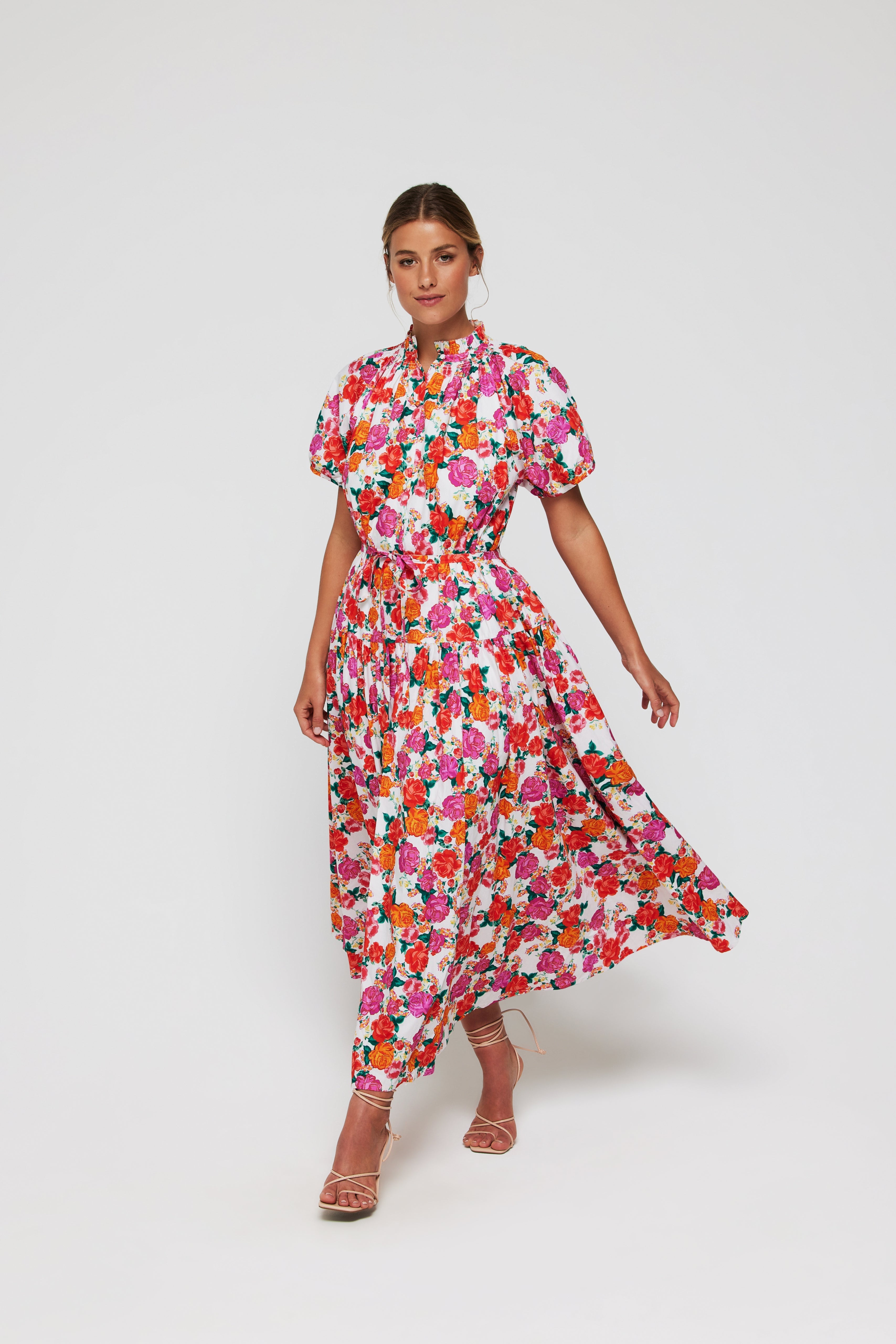 Pia Button Front Belted Maxi Dress in Pink Floral by Hermoza