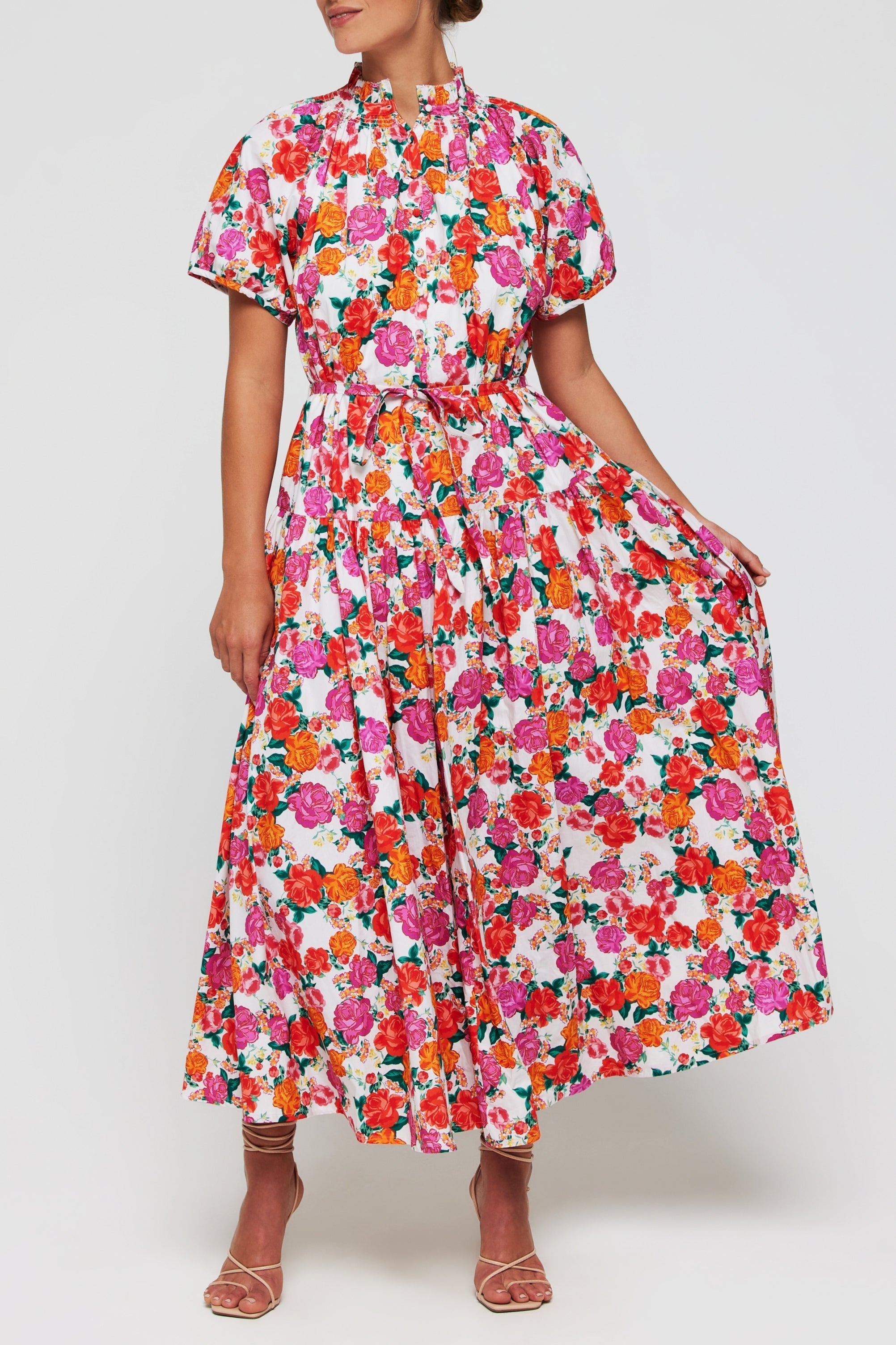 Pia Button Front Belted Maxi Dress in Pink Floral by Hermoza