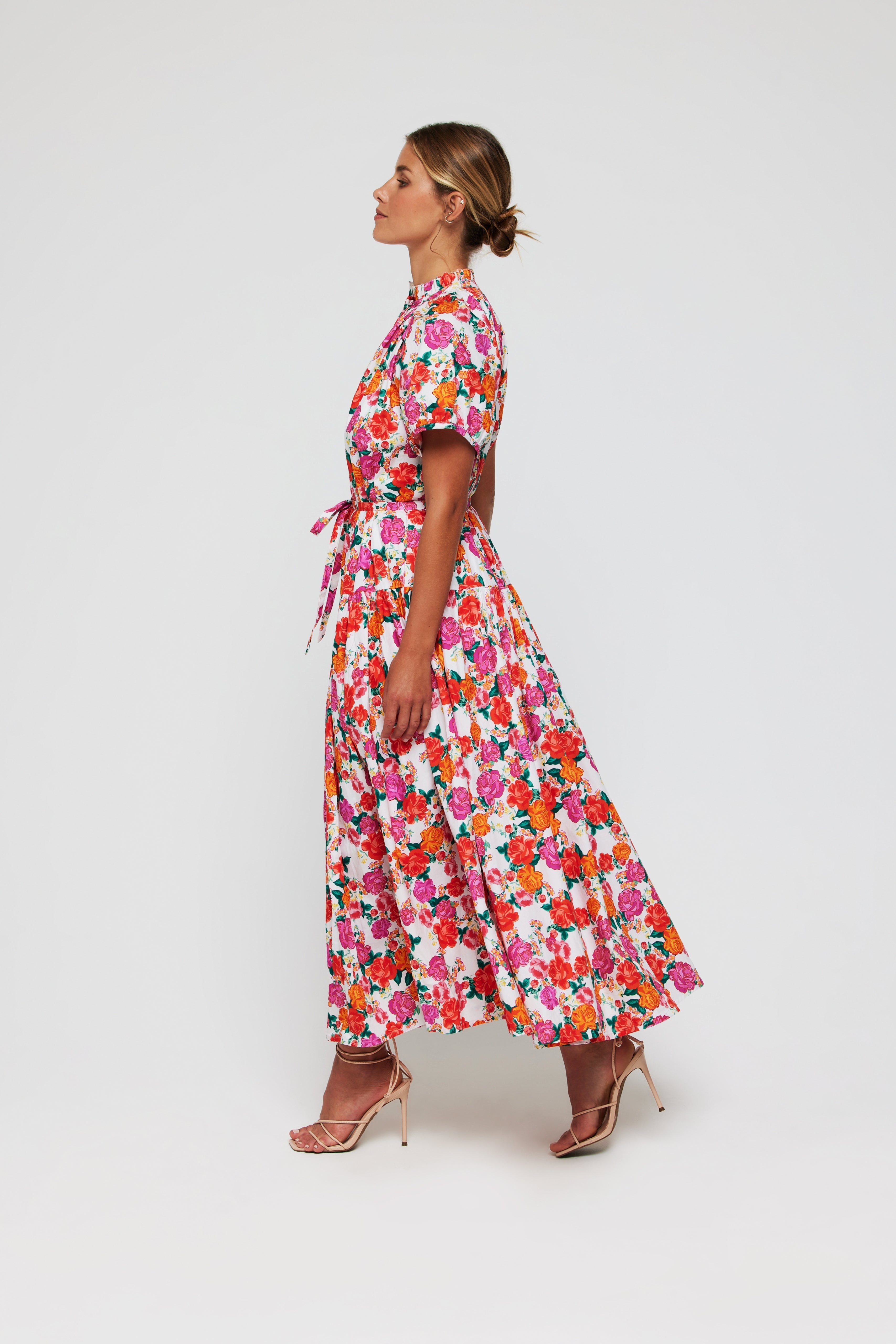 Pia Button Front Belted Maxi Dress in Pink Floral by Hermoza